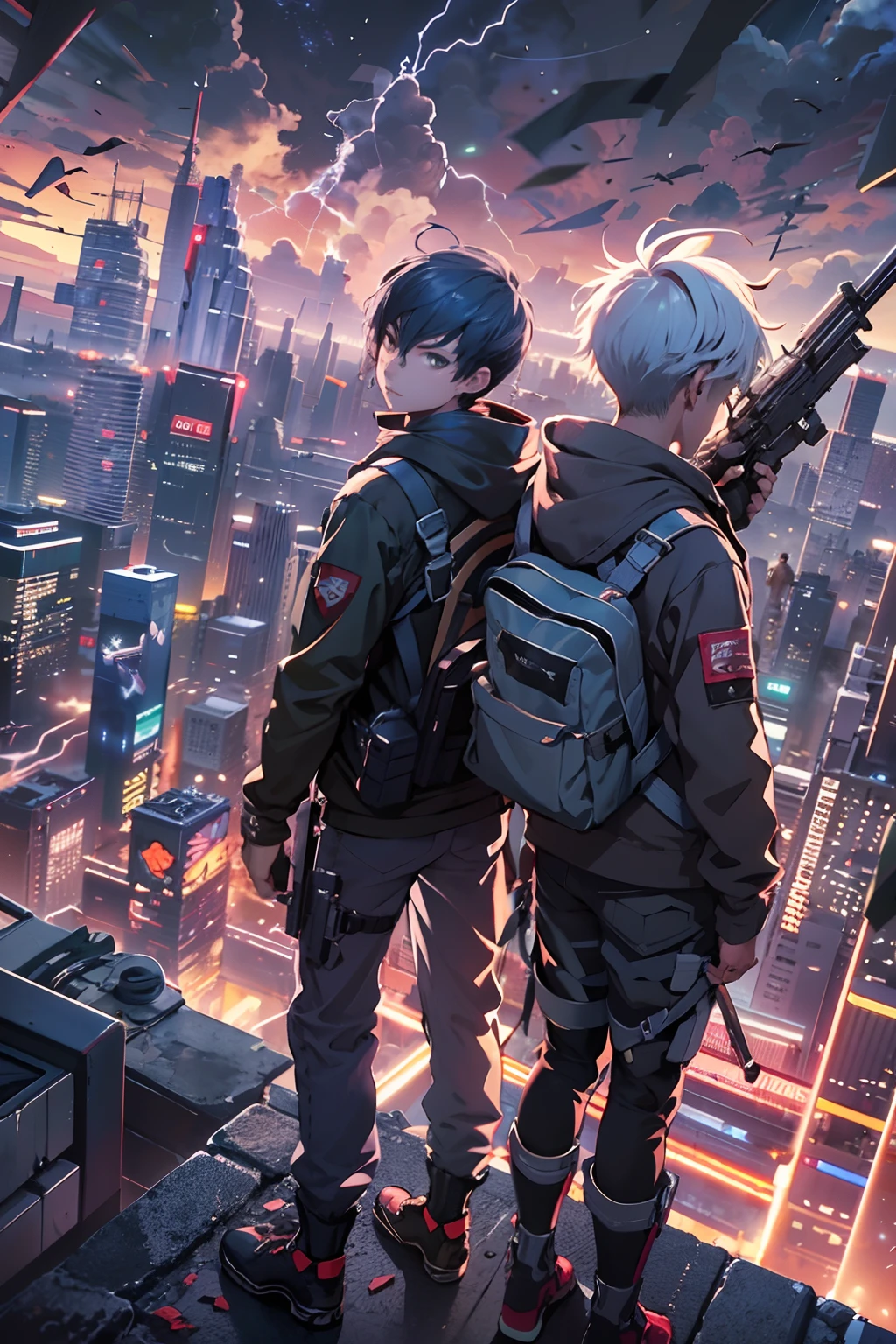 2boys,( boy:1.5)、Anime-style protagonist、Cyberpunk Boy、silber hair、Spiky hairstyle、machine gun、Japan sword on the back、Whole body bloody、Looking at the camera、Overhead view of the composition、The beginning of the adventure、Lots of clouds,heavy fog、Moon,Lightning、Chaotic city of the future、Movie dystopia、Warm lighting,Chaotic、Beautiful and fantastic scenery、Cinematic scenery、hightquality、masutepiece,in 8K、hight resolution、