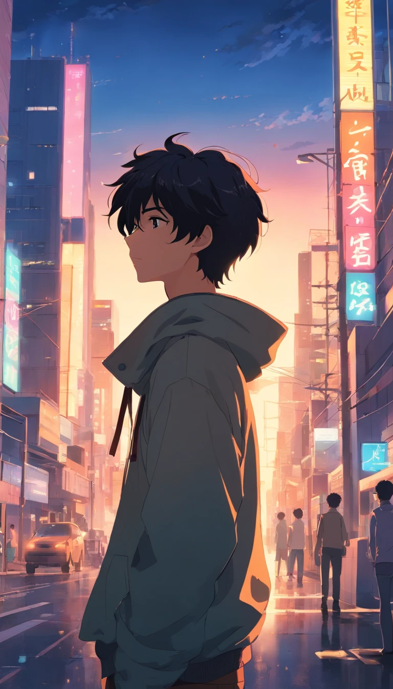 1man,masterpiece,best quality, ultra high res, dusk,cityscape,depth of field, short black messy hair, solo male,22 years old