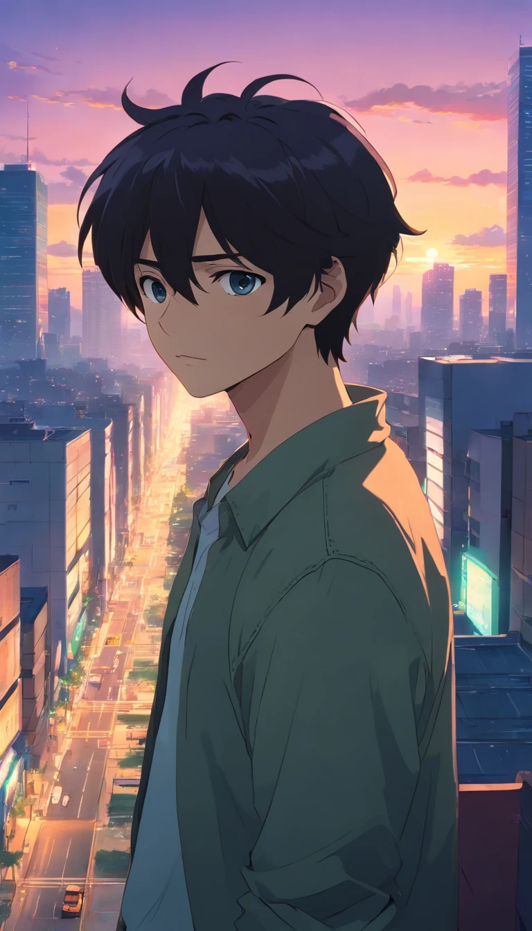 1man,masterpiece,best quality, ultra high res, dusk,cityscape,depth of field, short black messy hair, solo male,22 years old