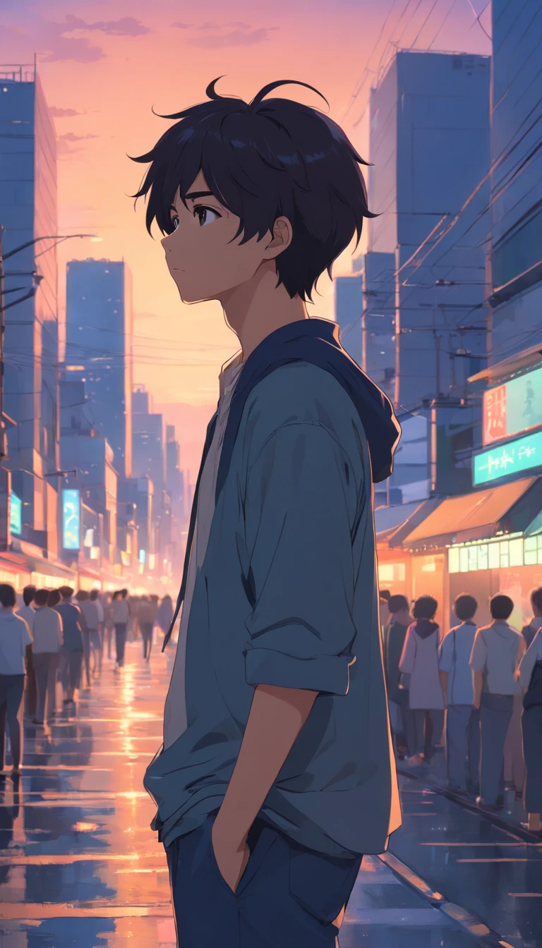 1man,masterpiece,best quality, ultra high res, dusk,cityscape,depth of field, short black messy hair, solo male,22 years old
