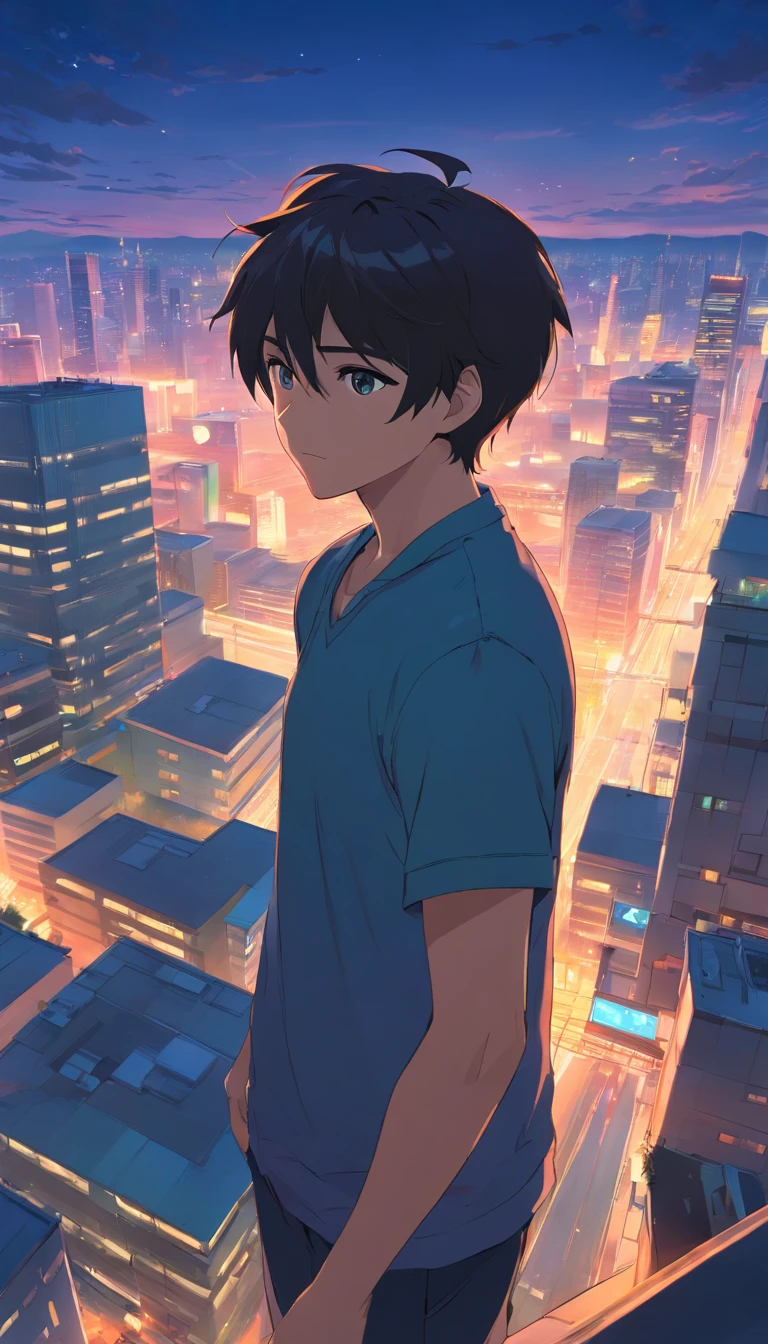 1man,masterpiece,best quality, ultra high res, dusk,cityscape,depth of field, short black messy hair, solo male，22 years old