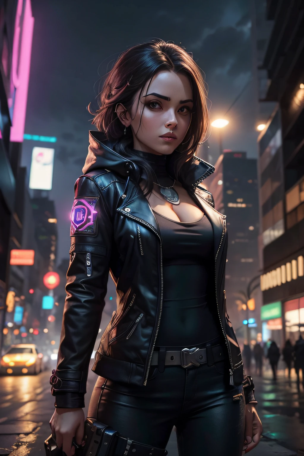 mulhe, jaqueta de couro preta, em uma cidade ao fundo de noite estrelada, cyberpunk