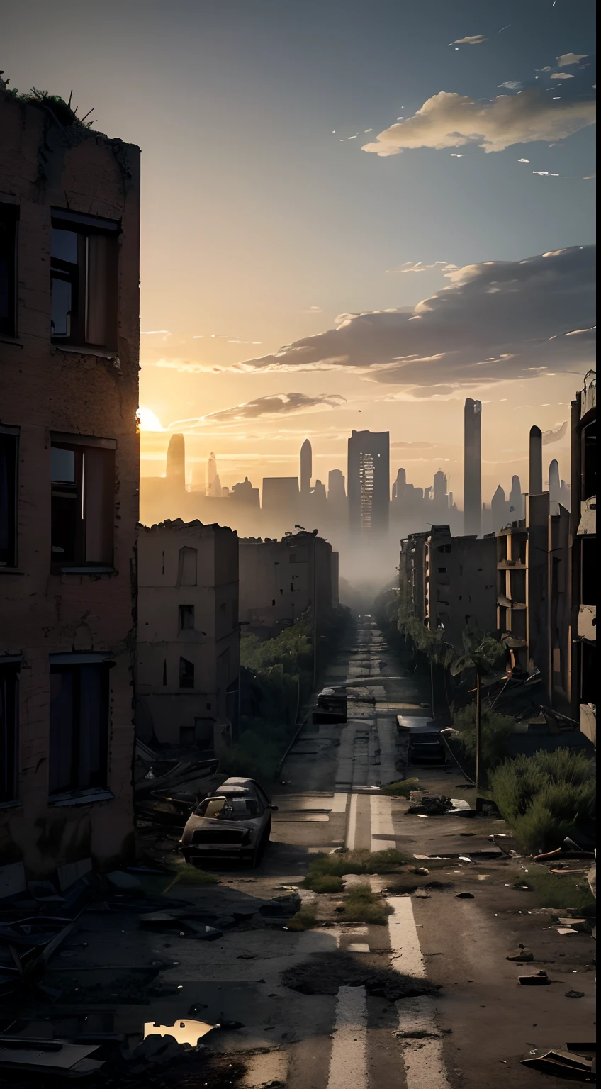 A combination of noir and ruinism; Landscape of total apocalypse, around the camera Realistic city ruins(A ruined modern city, Rickety houses with broken windows) , cracks in the ground, Smoke, wilted grass, Dry trees, Stones, glass fragments, An old leaky shoe, Heavy cumulus clouds, nightfall; A lot of small details of the environment; High image detail, Very high-quality detailed textures of objects, The smallest details of the destruction, cracks, Potholes on the road, Realism of textures, High image sharpness (DO NOT BLUR!), Monochrome image