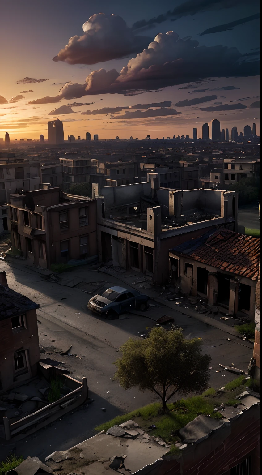 A combination of noir and ruinism; Landscape of total apocalypse, around the camera Realistic city ruins(A ruined modern city, Rickety houses with broken windows) , cracks in the ground, Smoke, wilted grass, Dry trees, Stones, glass fragments, An old leaky shoe, Heavy cumulus clouds, nightfall; A lot of small details of the environment; High image detail, Very high-quality detailed textures of objects, The smallest details of the destruction, cracks, Potholes on the road, Realism of textures, High image sharpness (DO NOT BLUR!), Monochrome image