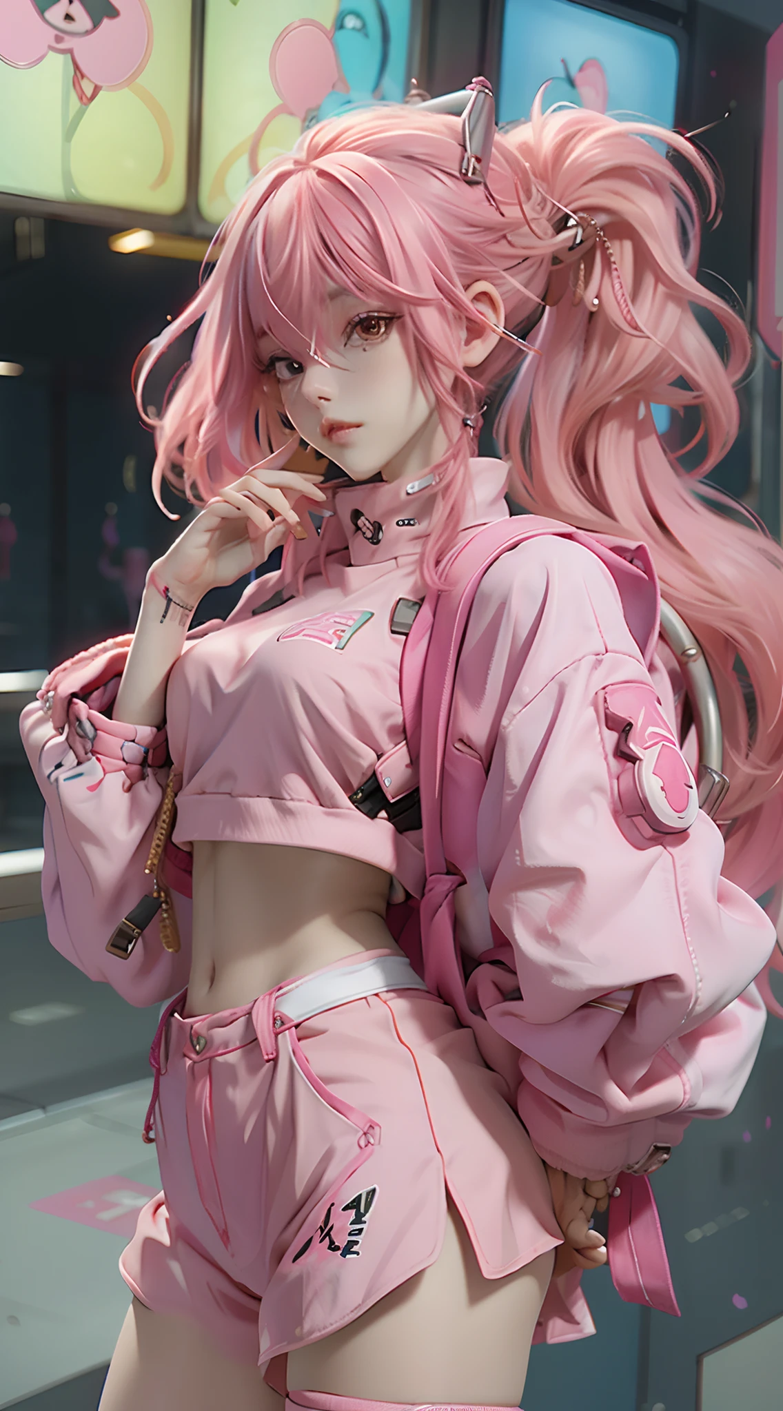 Araffe girl with pink hair and pink outfit posing for a picture - SeaArt AI