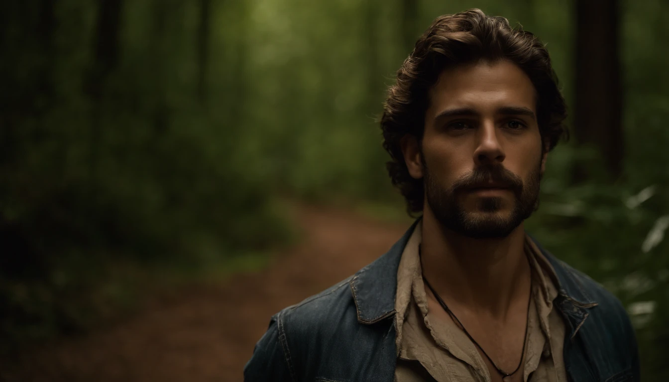 jovem, Handsome, e o misterioso homem de 28 anos, sem camisa, jeans worn in a forest on a spring day, cold and humid climate, florestas de musgos, barba, rosto perfeito, cabelos molhados, corpo molhado, atmosfera sombria, lighting dramatic, foco nítido, qualidade 8k, Foto RAW