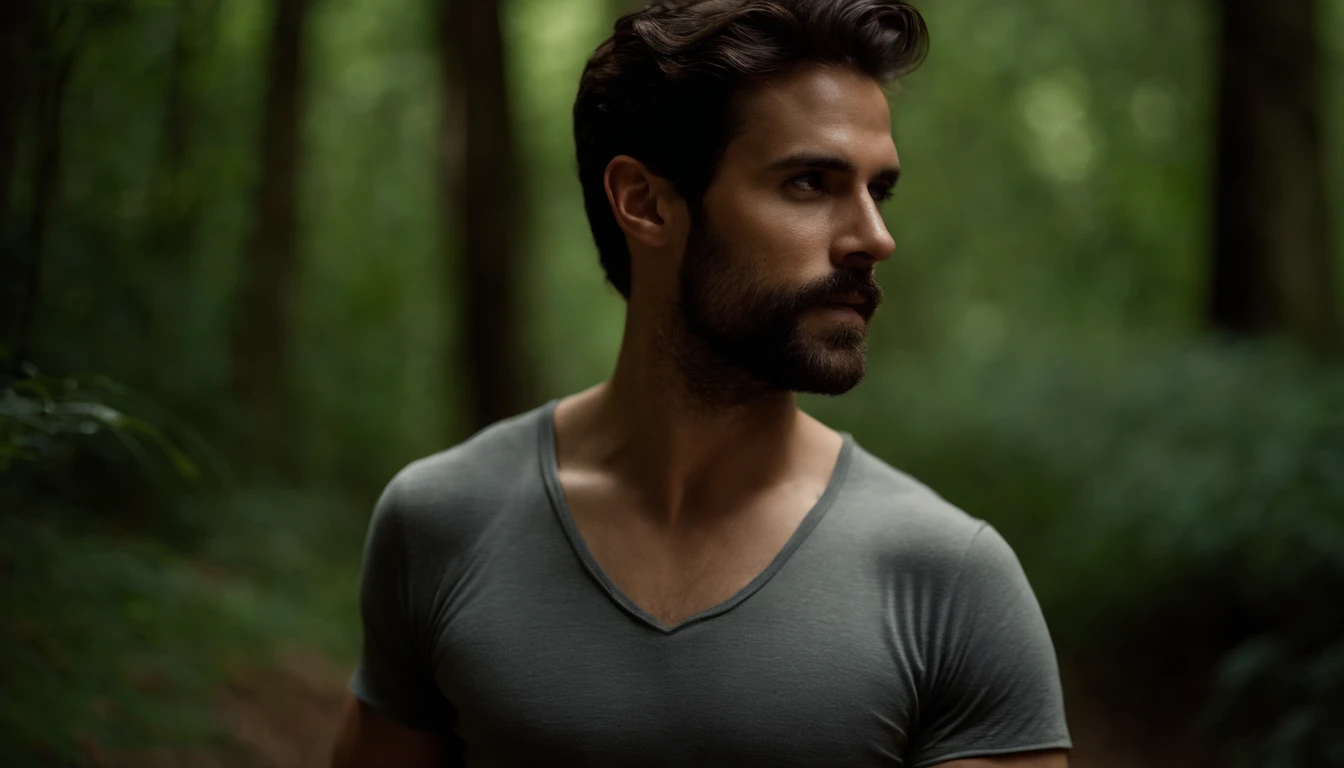 jovem, Handsome, and the mysterious shirtless 28-year-old man in jeans worn in a forest on a spring day, cold and humid climate, florestas de musgos, barba, rosto perfeito, cabelos molhados, corpo molhado, atmosfera sombria, lighting dramatic, foco nítido, qualidade 8k, Foto RAW