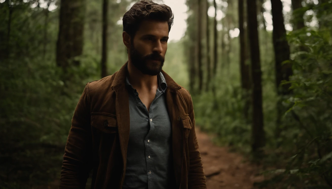 jovem, Handsome, e o misterioso homem de 28 anos, sem camisa, jeans worn in a forest on a spring day, cold and humid climate, florestas de musgos, barba, rosto perfeito, cabelos molhados, corpo molhado, atmosfera sombria, lighting dramatic, foco nítido, qualidade 8k, Foto RAW