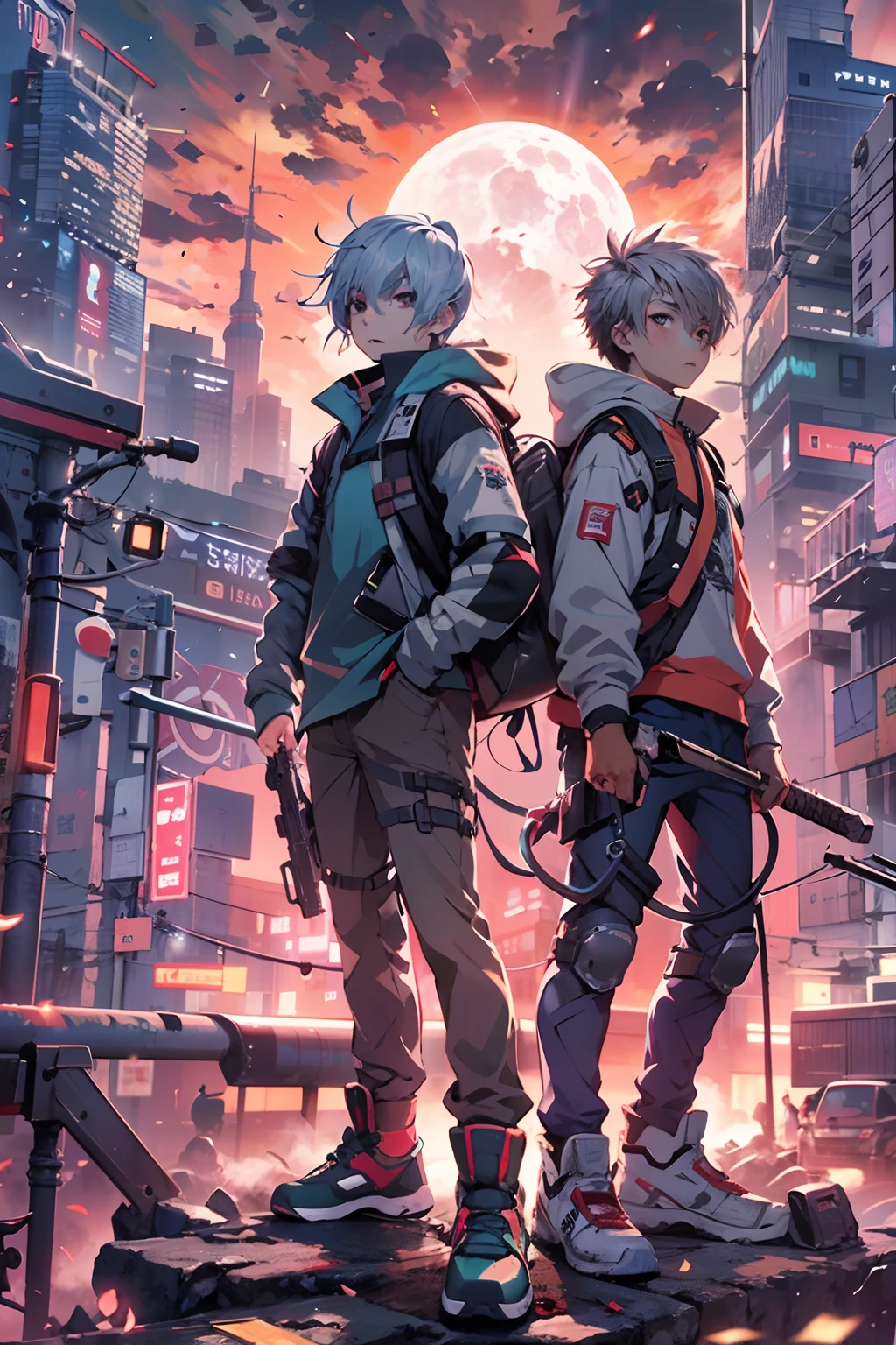 2boys,(15 years old boy:1.5)、Anime-style protagonist、Cyberpunk Boy、silber hair、Spiky hairstyle、machine gun、Japan sword on the back、Whole body bloody、Looking at the camera、Overhead view of the composition、The beginning of the adventure、Lots of clouds,heavy fog、Moon,Lightning、Chaotic city of the future、Movie dystopia、Warm lighting,Chaotic、Beautiful and fantastic scenery、Cinematic scenery、hightquality、masutepiece,in 8K、hight resolution、