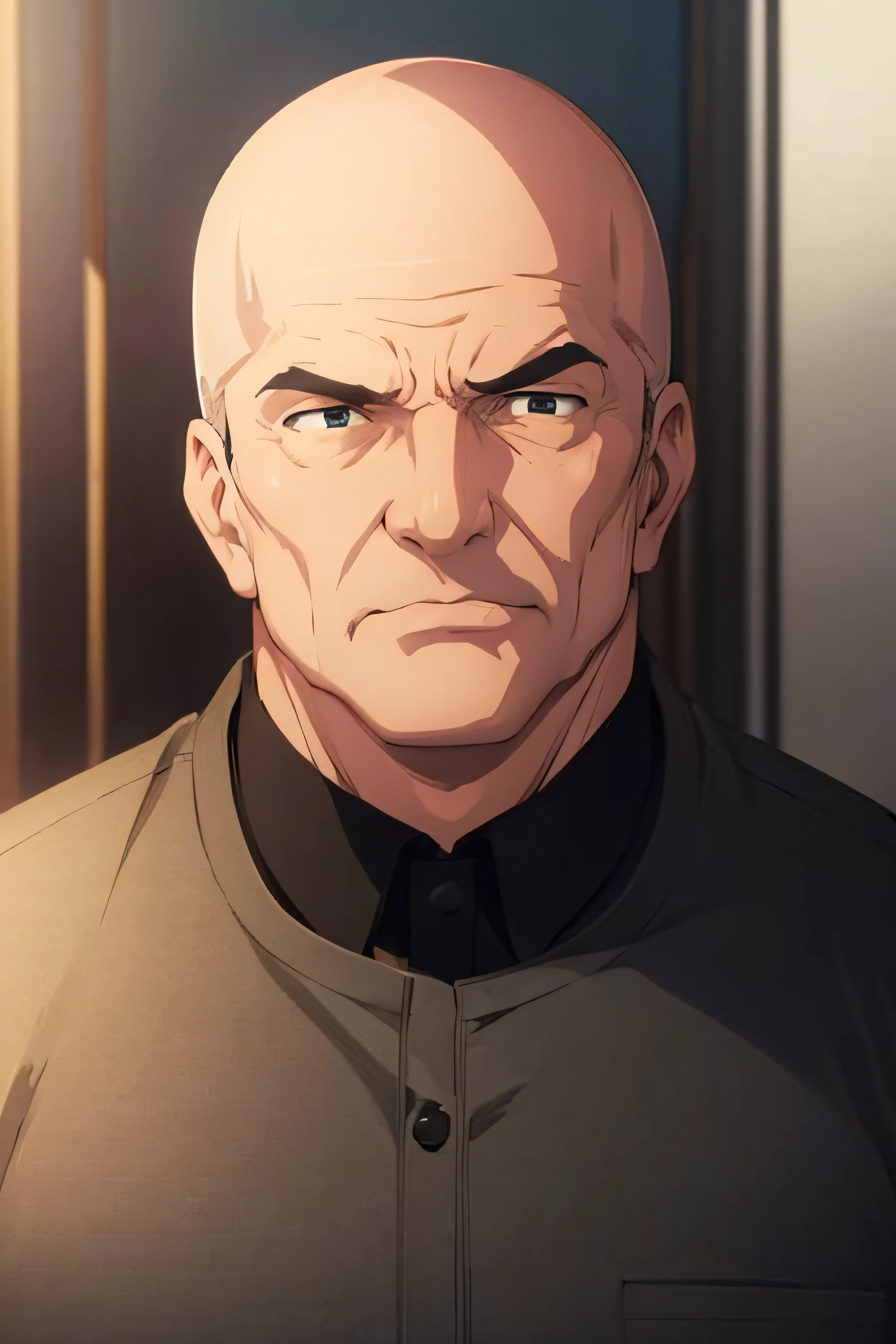 ufotable style,Male,old,portrait,upperbody,bald,solo,masterpiece,4k,fat,teacher,black clothes,office clothes,