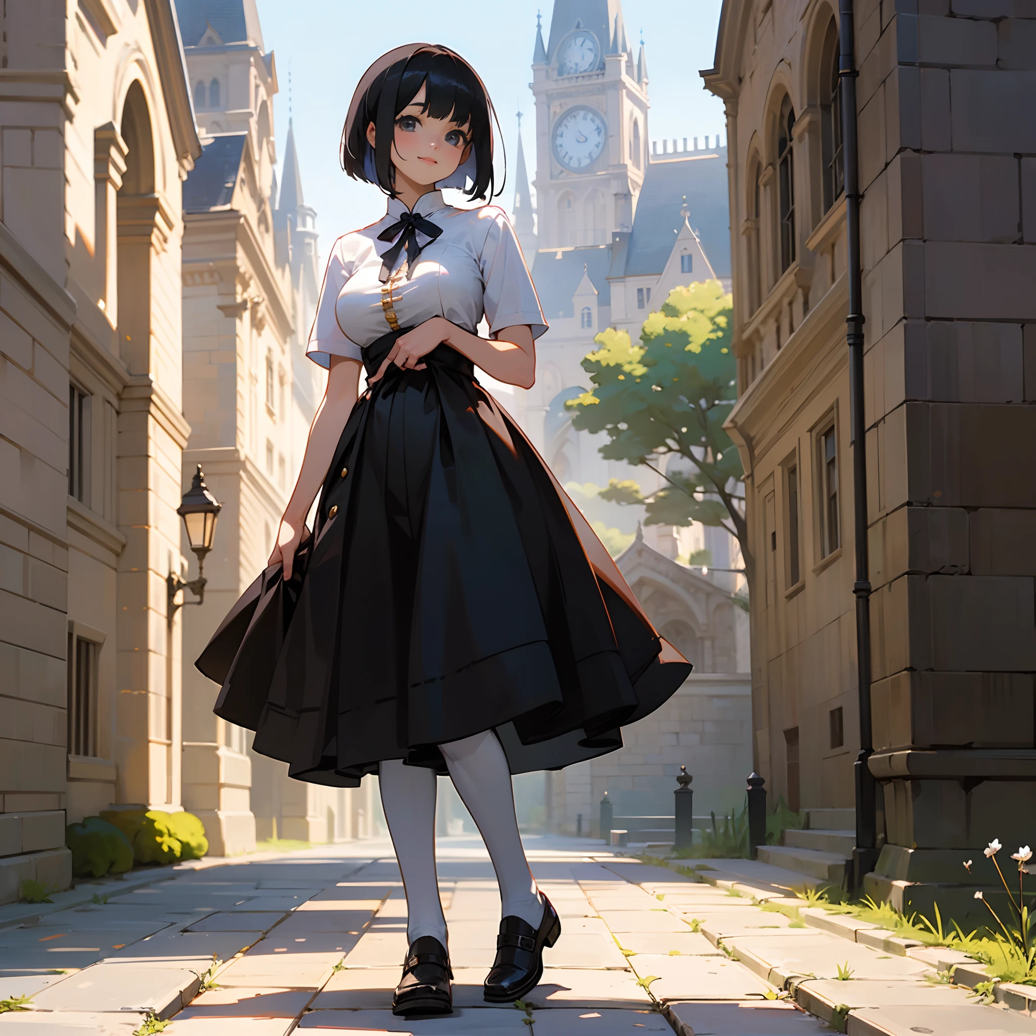 With the best image quality、Teenage girl standing alone outdoors。In high resolution、Beautiful fine details、tranquil atmosphere。((Black Hair Bob Hair))、Cute smile。(((breasts are large)))、I don't have anything in my hands、realistic hand、Medieval European national costume with short sleeves、Medieval European Streets、Leather shoes。