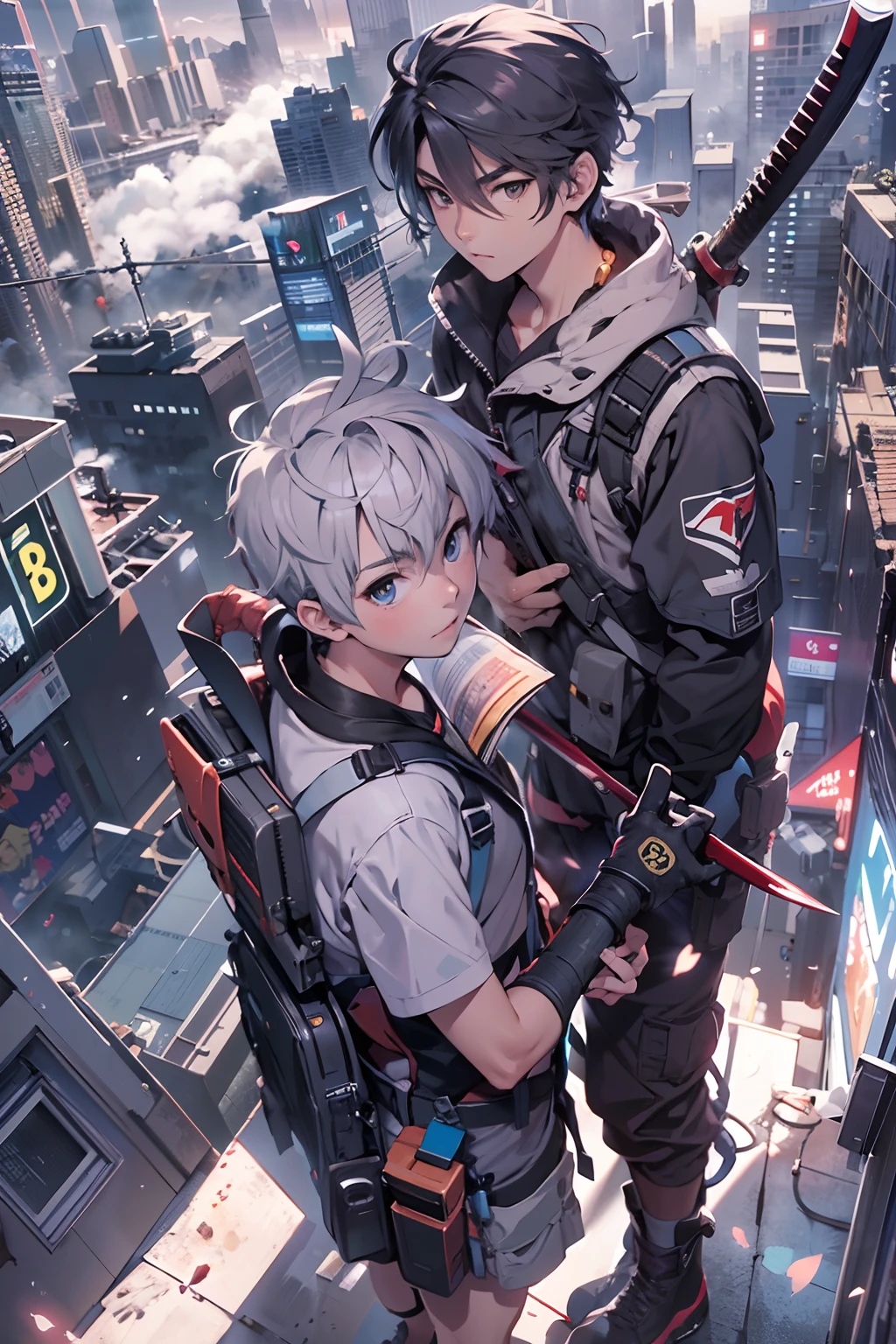 2boys,(15 years old boy:1.5)、Anime-style protagonist、Cyberpunk Boy、silber hair、Spiky hairstyle、machine gun、Japan sword on the back、Whole body bloody、Looking at the camera、Overhead view of the composition、The beginning of the adventure、Lots of clouds,heavy fog、Moon,Lightning、Chaotic city of the future、Movie dystopia、Warm lighting,Chaotic、Beautiful and fantastic scenery、Cinematic scenery、hightquality、masutepiece,in 8K、hight resolution、