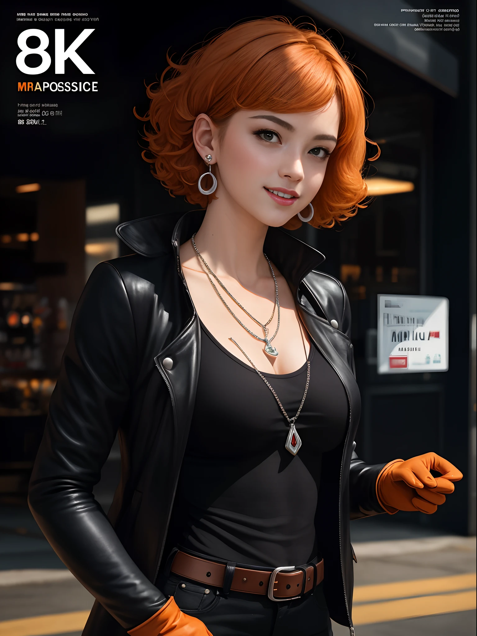 (masterpiece, 8k, best quality), magazine scan,(magazine cover:1.2), cover text, text,( magatama necklace:1.1), (professional photo), wlop, 1girl, purple gloves, dark purple open jacket and black top, dynamic pose, femme fatale, like a Instagram celebrity, vtuber, character request, commentary, earrings, double v, jewelry, (short curly orange hair), looking down, perfect flowing hair, solo, big boobs, gorgeous, smilling