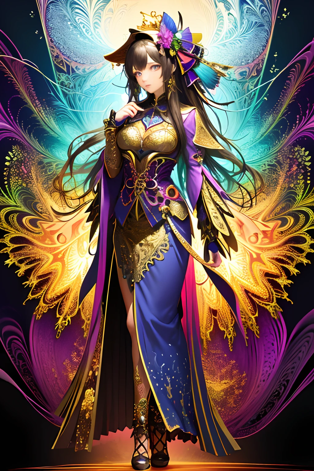 A beautiful and aesthetic masterpiece of a young girl, bathed in the highest quality, ultra-detailed light. Her skin, a shining canvass of many colors, glistened with a natural sheen, accentuating every curve and contour of her slender form. The official art of this top-quality image showcased her delicate features and expressive eyes, with shiny pupils and long, flowing locks of hair that cascaded down her back. The abstract background, adorned with intricate fractal patterns and colorful flowers, added depth and complexity to the scene. In the foreground, a myriad of feathers, unfurled and drifting gently through the air, added an