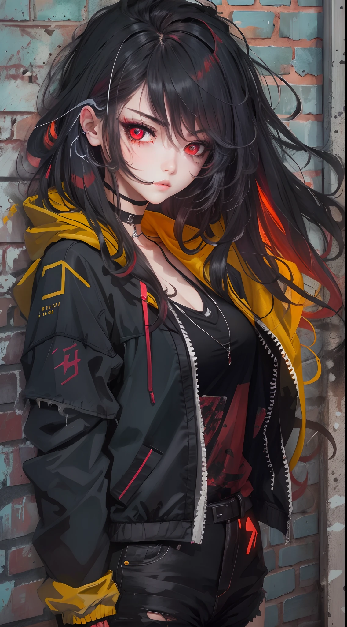 best quality, intricate details, chromatic aberration,
1girl, long hair, black hair, messy hair, red highlights, hair over one eye, red eyes, sharp eyes,
choker, neon shirt, torn legwear, open jacket,
against wall, brick wall, graffiti, dim lighting, alley
