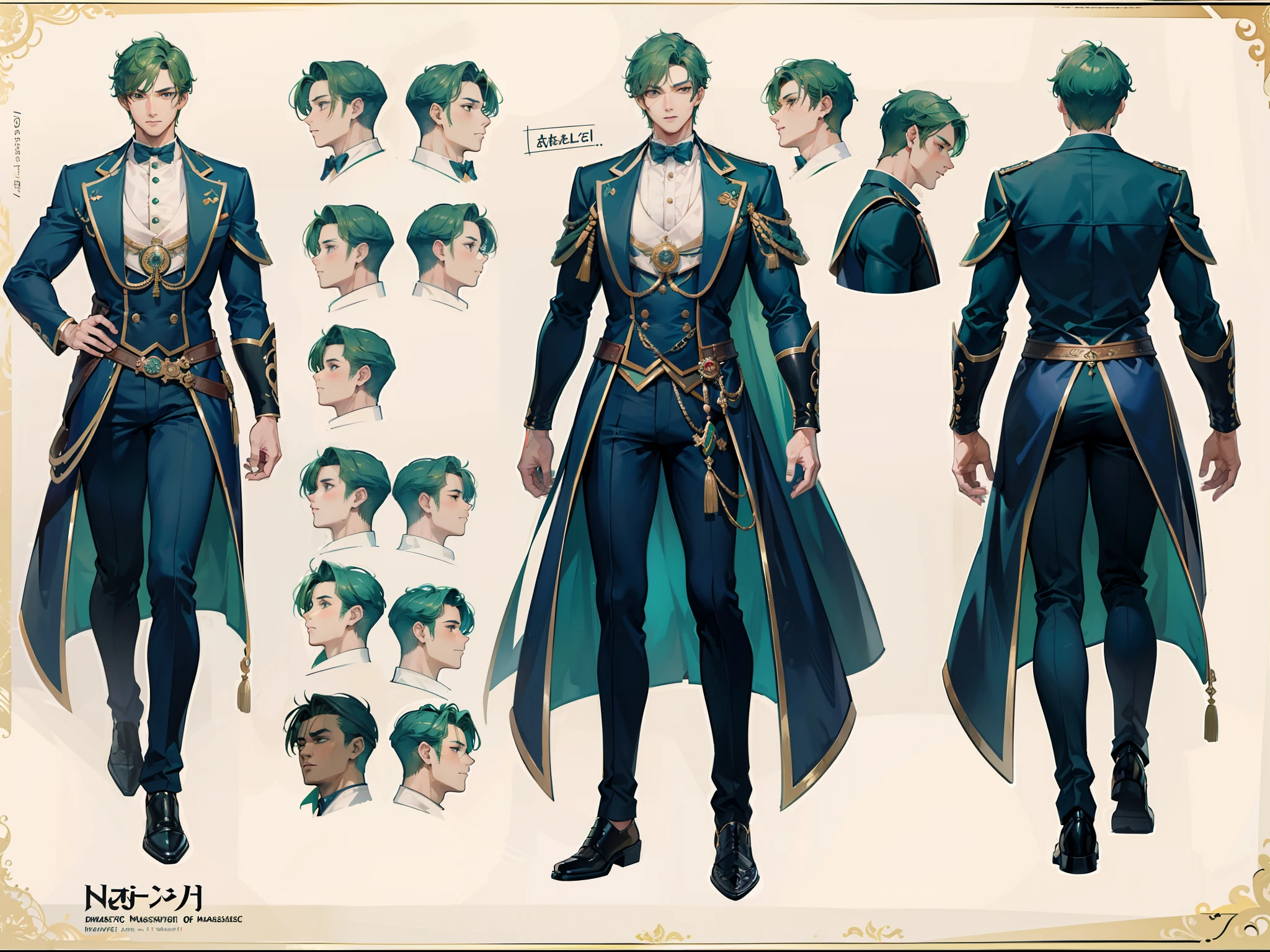 ((Masterpiece, Highest quality)), Detailed face, character design sheet， full bodyesbian, Full of details, frontal body view, back body view, Highly detailed, Depth, Many parts, Muscle boy with green hair，handsome man, navy, commander, man tall