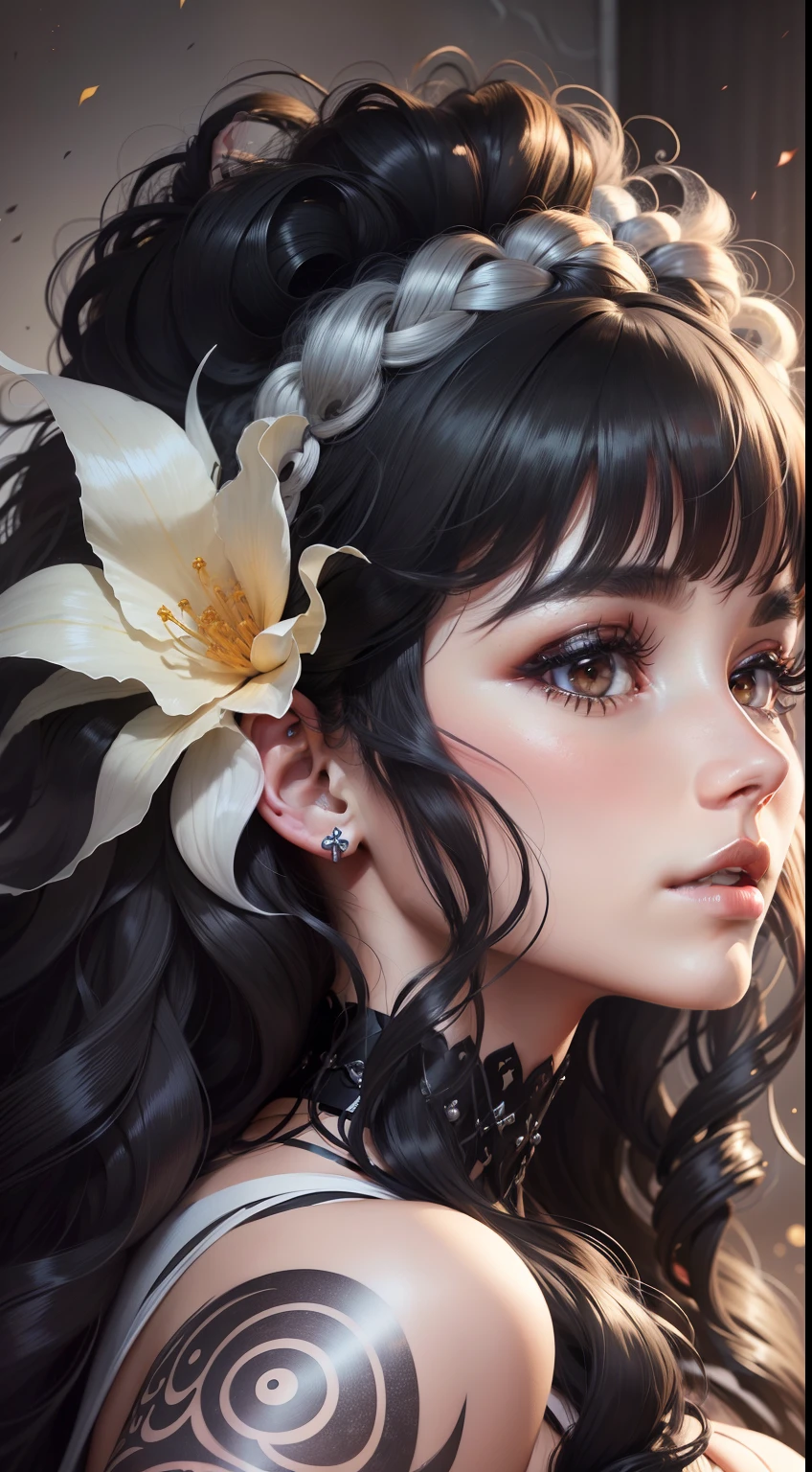 Close up of a woman with white hair and tattoos, detailed long black hair, curly dark hair, swirling black hair, black long curly hair, curly dark hair, Long dark hair and swirls, with black curled hair, Complex curly hair with long hair, Long black curly hair, Brunette and swirl, Meticulous woman, with black curled hair, Beautiful artwork
