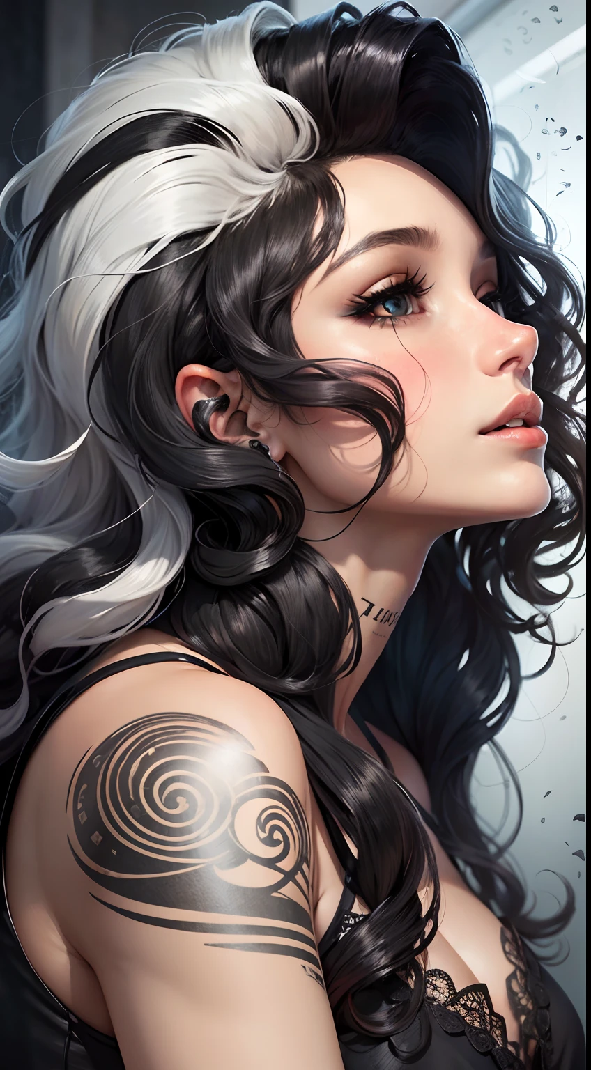 Close up of a woman with white hair and tattoos, detailed long black hair, curly dark hair, swirling black hair, black long curly hair, curly dark hair, Long dark hair and swirls, with black curled hair, Complex curly hair with long hair, Long black curly hair, Brunette and swirl, Meticulous woman, with black curled hair, Beautiful artwork