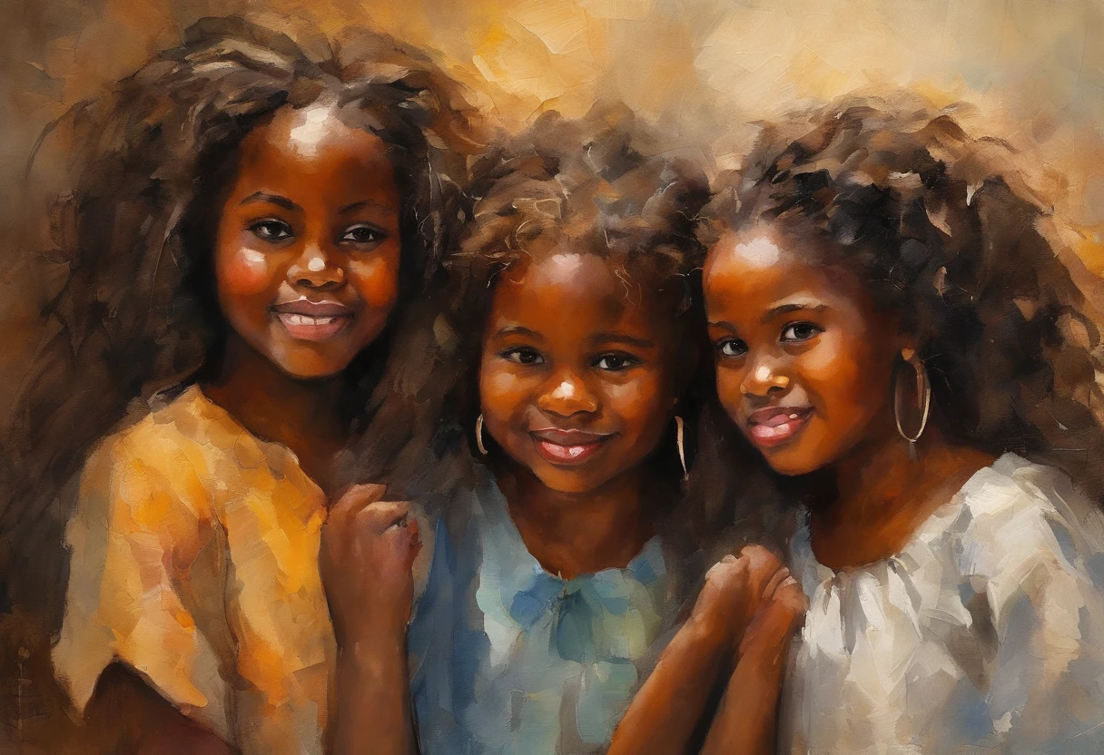 A closeup of three girls, , wearing ribbons, African, Negroid, African hair, Van Gogh Style, (Heavy Brushstrokes:1.2), Vibrant Colors, (Coarse Impasto:1.3), (Angled Composition:1.1), Dramatic Shadows, ( dramatic lighting:1.2), peaceful atmosphere, serene, (expressive brushstrokes:1.1), (stylized details:1.2), tranquil setting, (dreamy quality:1.3), impressionist, post-impressionist. Beatiful african american girl