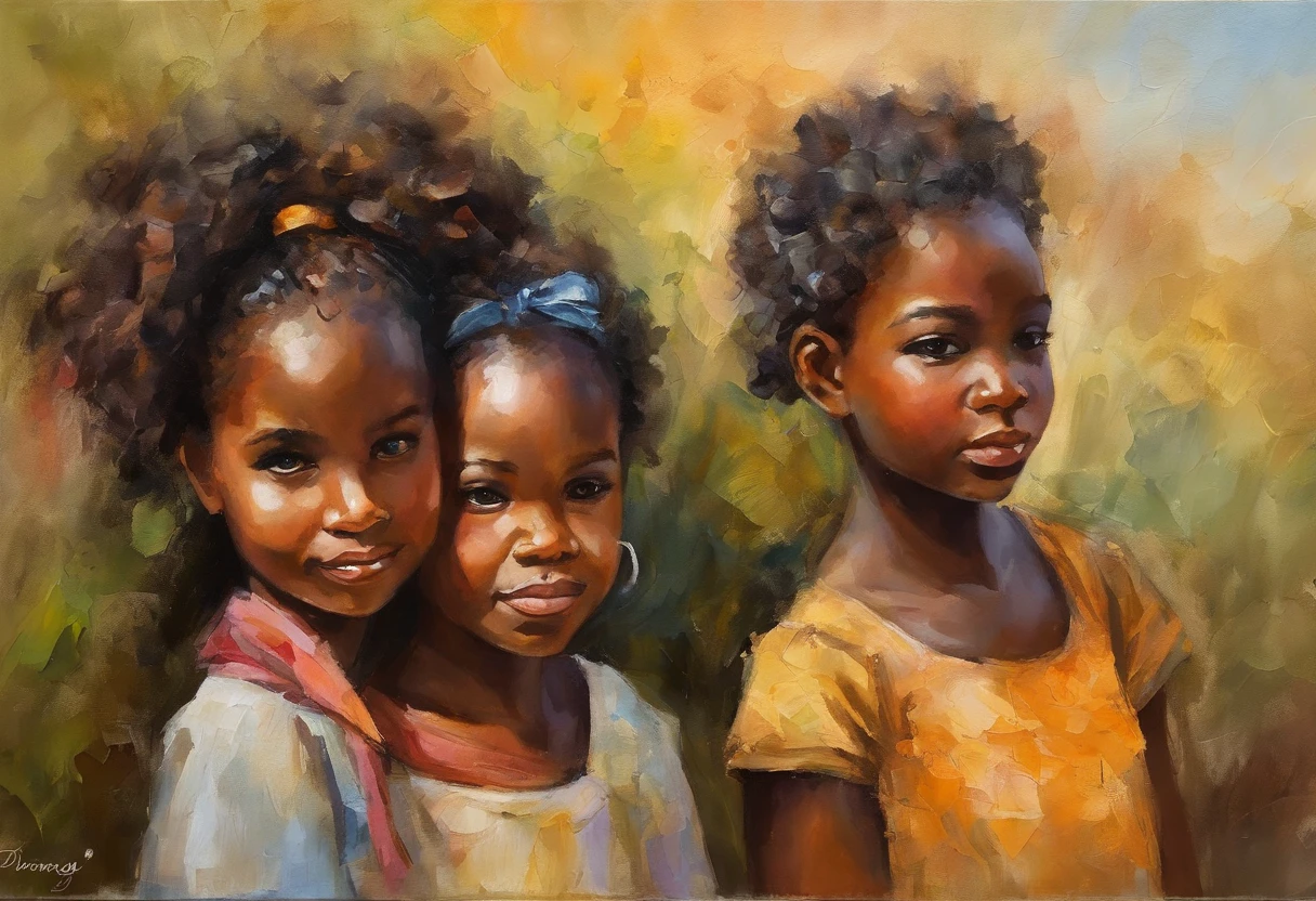 A closeup of three girls, , wearing ribbons, African, Negroid, African hair, Van Gogh Style, (Heavy Brushstrokes:1.2), Vibrant Colors, (Coarse Impasto:1.3), (Angled Composition:1.1), Dramatic Shadows, ( dramatic lighting:1.2), peaceful atmosphere, serene, (expressive brushstrokes:1.1), (stylized details:1.2), tranquil setting, (dreamy quality:1.3), impressionist, post-impressionist. Beatiful african american girl