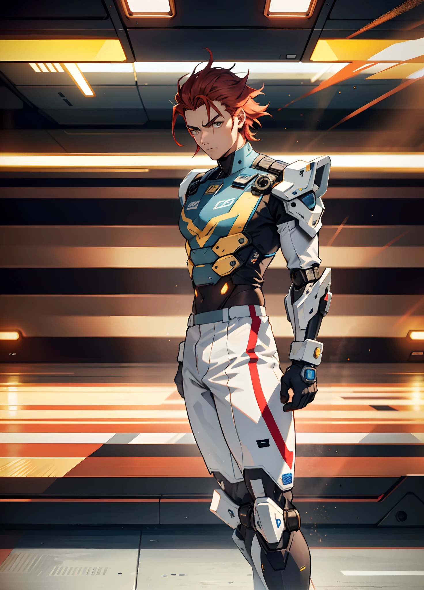 A man with short red-gold hair, hair slicked back, thick and disheveled hair, a cold and ruthless gaze, a confident expression, wears a two-piece futuristic military-style uniform, primarily in shades of white and red, accented by touches of yellow, streamlined wristguard gloves, matching trousers, he stands in a futuristic sci-fi-style hangar housing a colossal mech, stands within a futuristic sci-fi hangar, where a colossal mech is stationed, this character embodies a finely crafted futuristic military officer in anime style, characterized by an exquisite and mature manga illustration art style, high definition, best quality, highres, ultra-detailed, ultra-fine painting, extremely delicate, professional, anatomically correct, symmetrical face, extremely detailed eyes and face, high quality eyes, creativity, RAW photo, UHD, 8k, Natural light, cinematic lighting, masterpiece:1.5