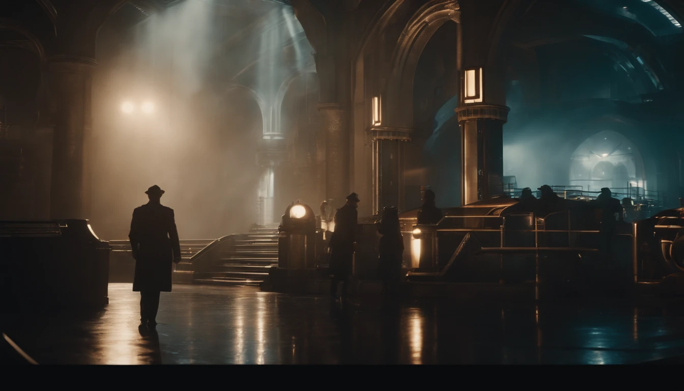 A dystopian futuristic Dieselpunk metropolis with plenty of Art Deco architecture, atmosfera sombria, lighting dramatic, foco nítido, qualidade 8k, Foto RAW