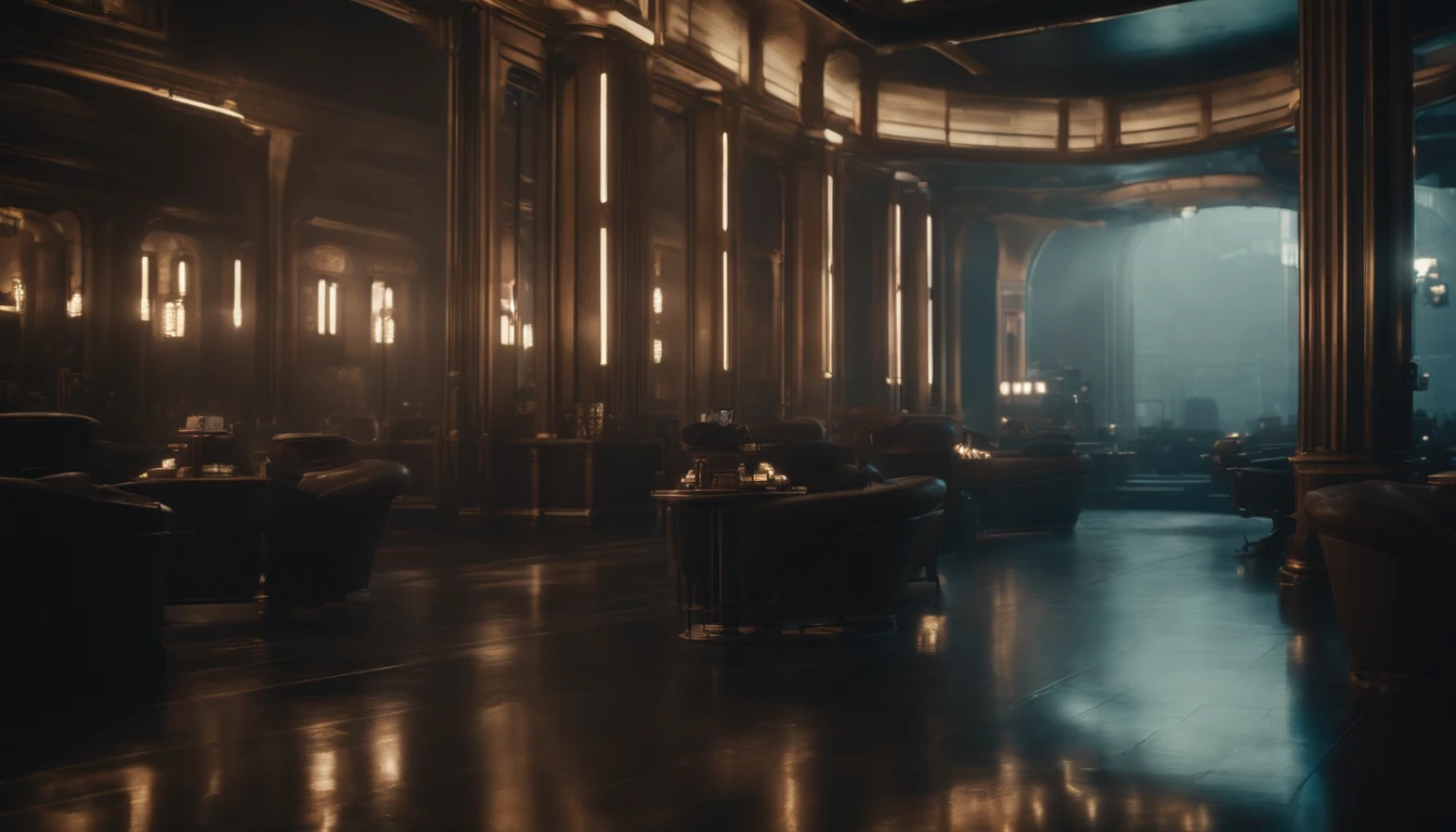 A dystopian futuristic Dieselpunk metropolis with plenty of Art Deco architecture, atmosfera sombria, lighting dramatic, foco nítido, qualidade 8k, Foto RAW