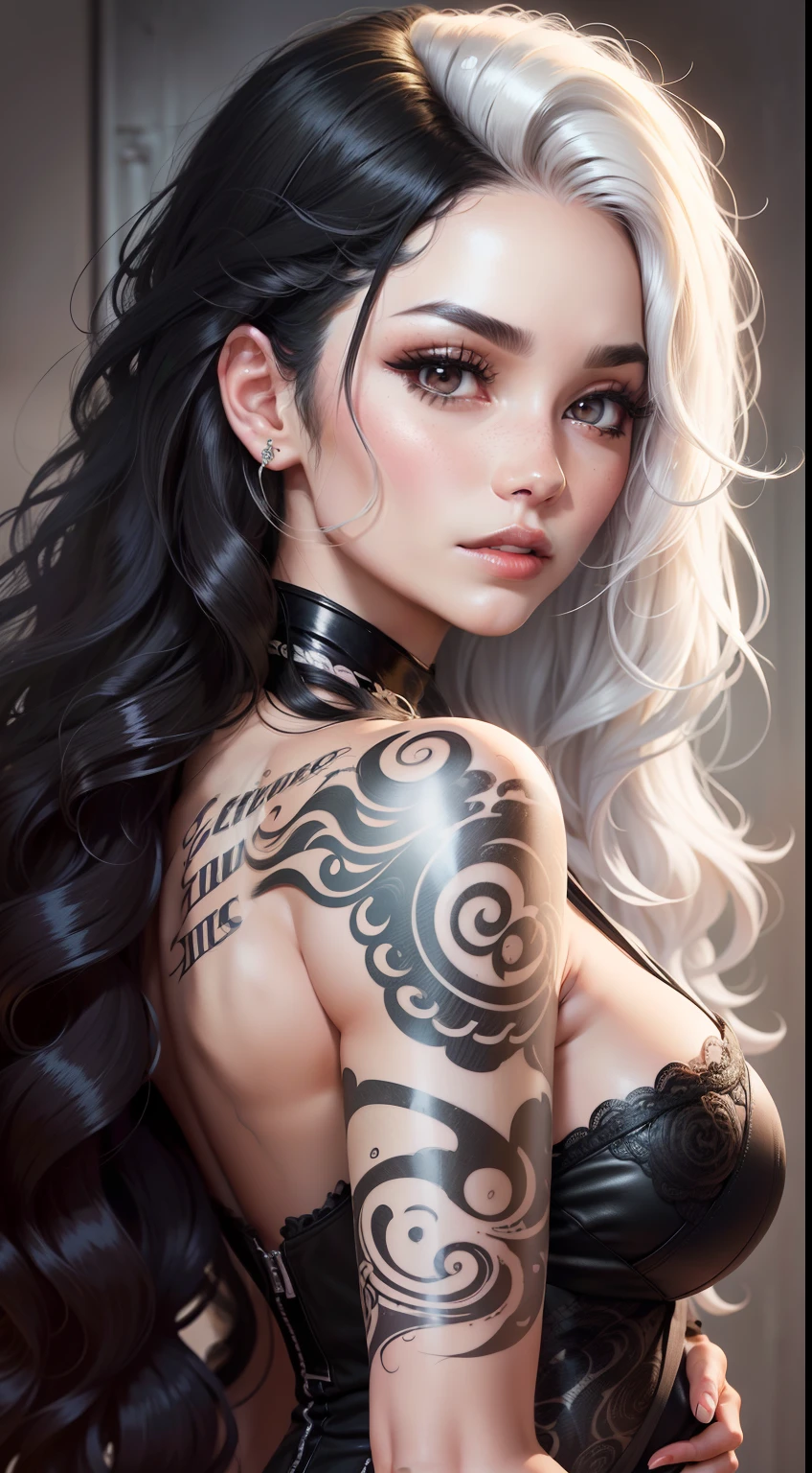 Close up of a woman with white hair and tattoos, detailed long black hair, curly dark hair, swirling black hair, black long curly hair, curly dark hair, Long dark hair and swirls, with black curled hair, Complex curly hair with long hair, Long black curly hair, Brunette and swirl, Meticulous woman, with black curled hair, Beautiful artwork