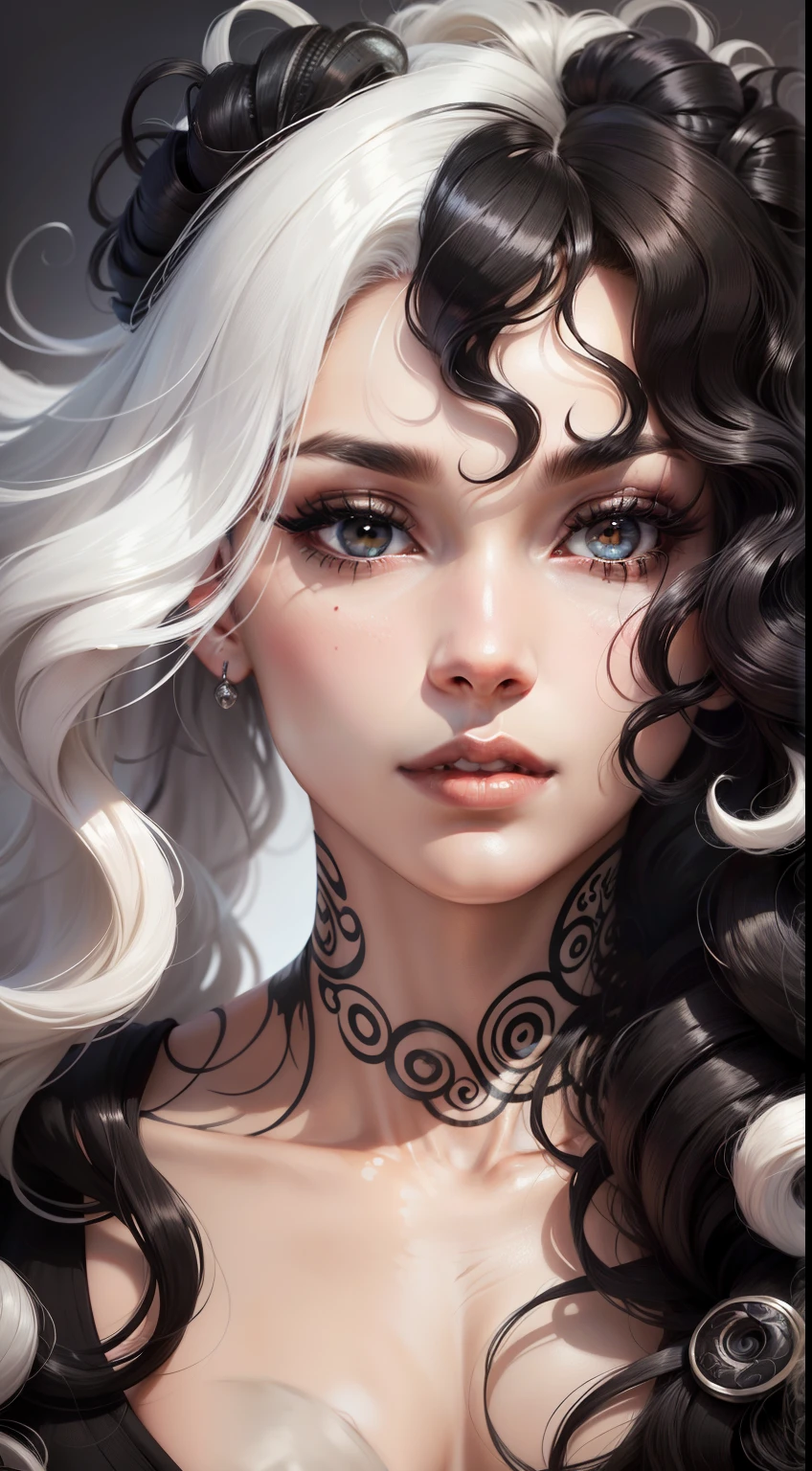 Close up of a woman with white hair and tattoos, detailed long black hair, curly dark hair, swirling black hair, black long curly hair, curly dark hair, Long dark hair and swirls, with black curled hair, Complex curly hair with long hair, Long black curly hair, Brunette and swirl, Meticulous woman, with black curled hair, Beautiful artwork