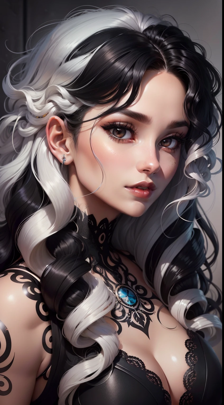 Close up of a woman with white hair and tattoos, detailed long black hair, curly dark hair, swirling black hair, black long curly hair, curly dark hair, Long dark hair and swirls, with black curled hair, Complex curly hair with long hair, Long black curly hair, Brunette and swirl, Meticulous woman, with black curled hair, Beautiful artwork