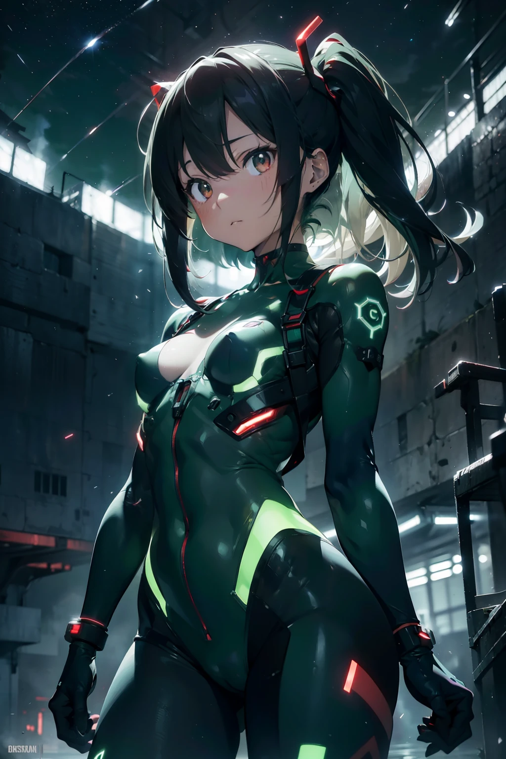 Asuka-Evangelion (((From face to the waist view::1. 4))), realistic skin texture, front view::1.0, in complex & hyper detailed crimson and black plugsuit armor (((light glow effect in dark green shade aesthetic in image))), dinamic panning photography move/pose::1, midnight hour illuminationr, (masterpiece), best quality, perfect pretty face, 8k