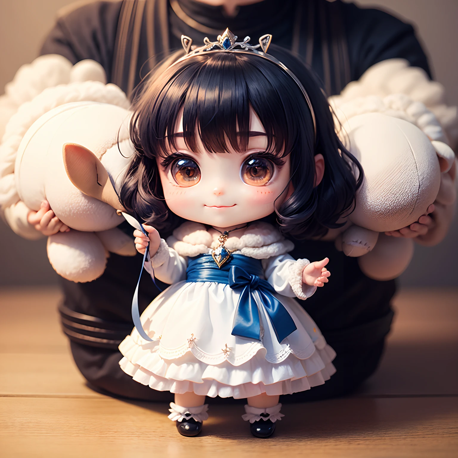 masterpiece、top-quality、ultra-detailliert、(Chibi Chara's Daughter:1.2)、Chibi Living、Dark Blue Sauvage Hair, wraith、Jewel Tiara、Dragging the hand of a stuffed sheep、Stuffed sheep、Open your mouth and smile、Fluffy socks、