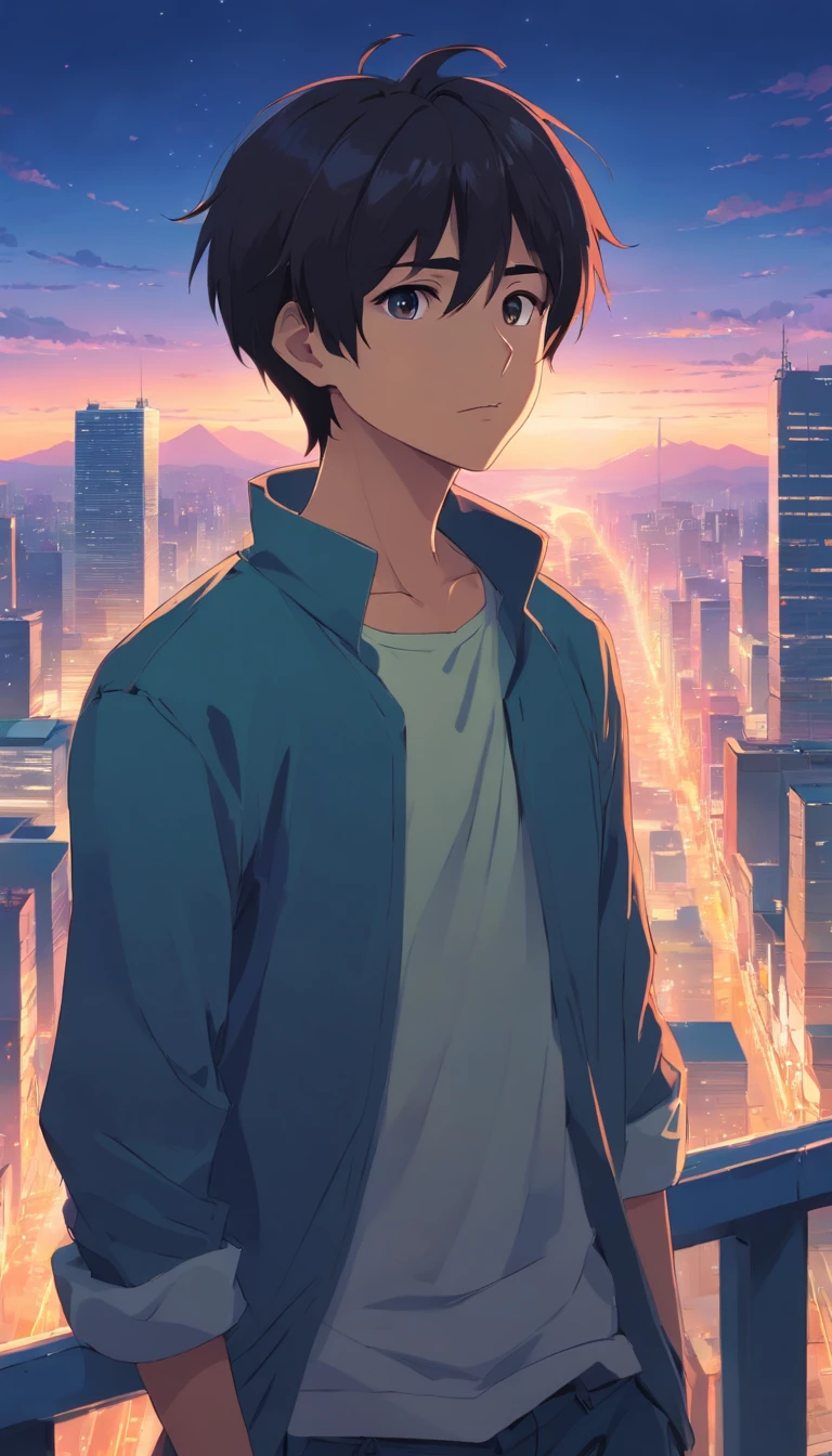 1man,masterpiece,best quality, ultra high res, dusk,cityscape,depth of field, short black messy hair, solo male,22 years old,ugly