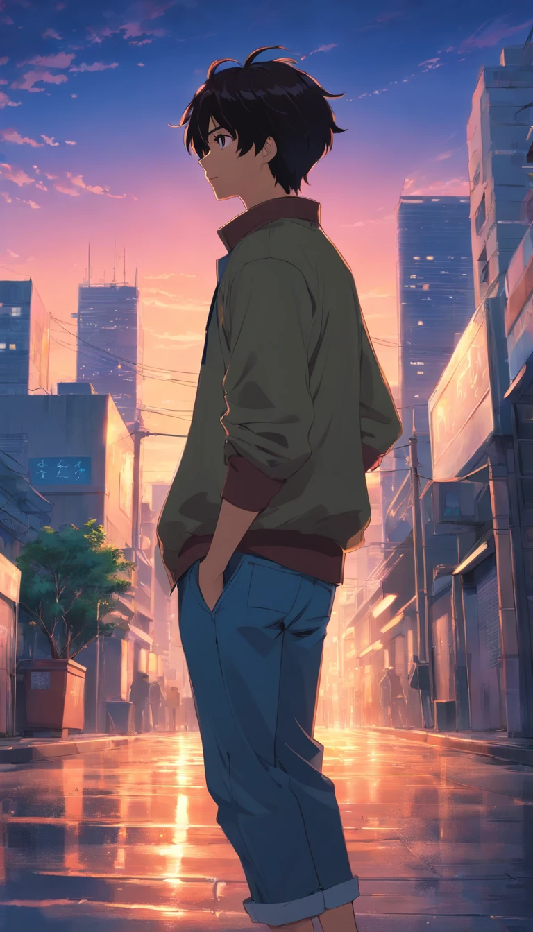 1man,masterpiece,best quality, ultra high res, dusk,cityscape,depth of field, short black messy hair, solo male,22 years old,ugly