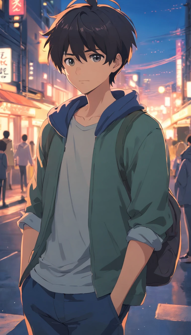 1man,masterpiece,best quality, ultra high res, dusk,cityscape,depth of field, short black messy hair, solo male,22 years old,ugly