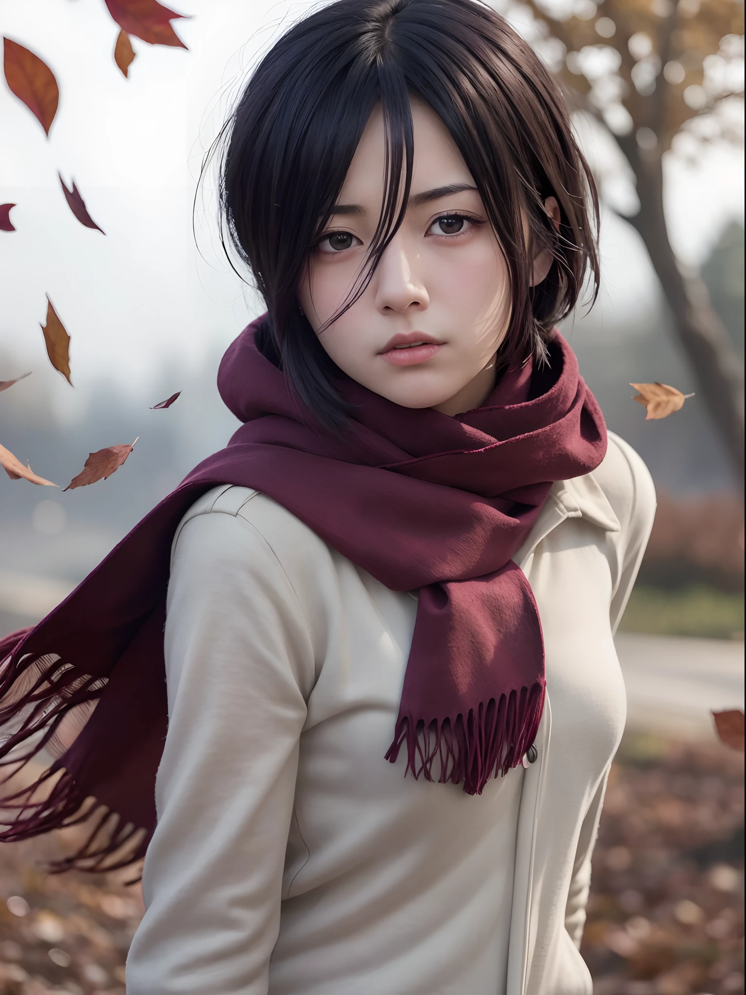 (best quality,realistic),Mikasa Ackerman with a sad expression,single tear running down her cheek,detailed eyes and face,dark hair flowing in the wind, A maroon scarf around his neck, emotional and intense atmosphere,fallen leaves scattered on the ground,dramatic lighting,portrait style,powerful and determined look,subtle color tones,high contrast,expressive brushstrokes