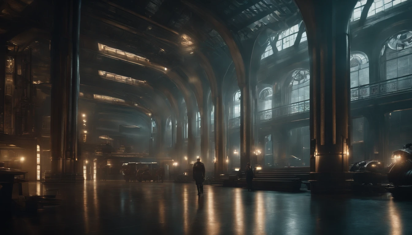 A dystopian futuristic Dieselpunk metropolis with lots of Art Deco architecture, atmosfera sombria, lighting dramatic, foco nítido, qualidade 8k, Foto RAW