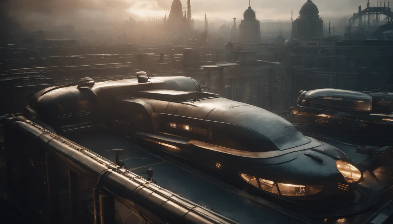 A dystopian futuristic Dieselpunk metropolis with lots of Art Deco architecture, atmosfera sombria, lighting dramatic, foco nítido, qualidade 8k, Foto RAW