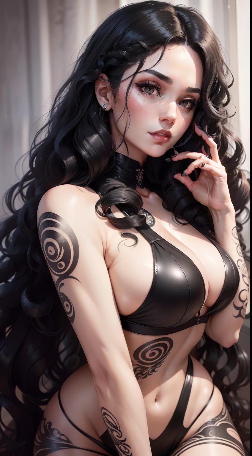 Close up of a woman with white hair and tattoos, detailed long black hair, curly dark hair, swirling black hair, black long curly hair, curly dark hair, Long dark hair and swirls, with black curled hair, Complex curly hair with long hair, Long black curly hair, Brunette and swirl, Meticulous woman, with black curled hair, Beautiful artwork