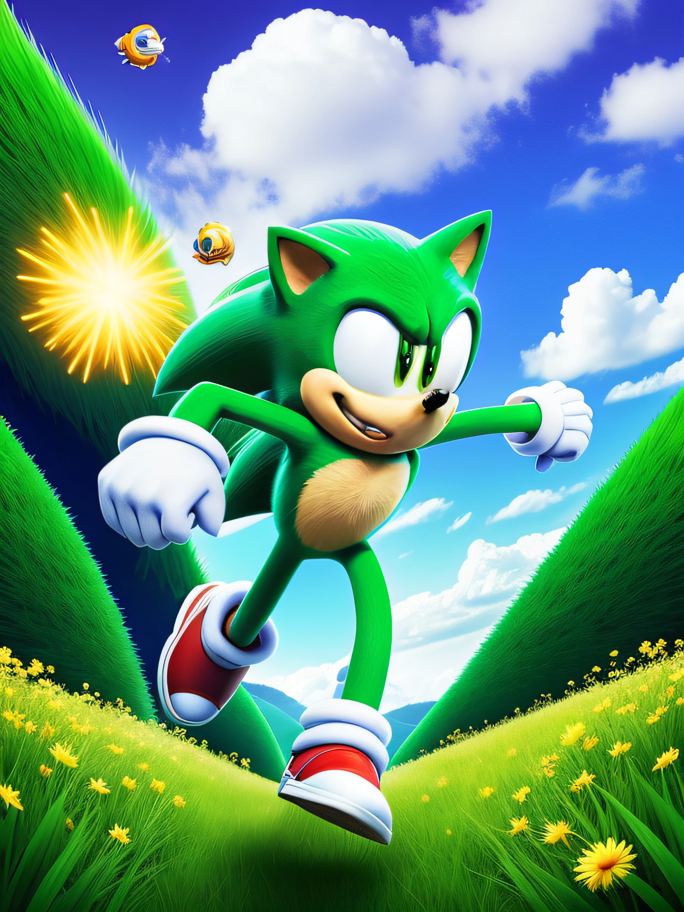 Sonic is a character from the famous video game! He is a green hedgehog, capable of running super fast and doing many loops in space. Sonic is very agile and loves to adventure around the world against his enemies Dr. Robotnik. He has hair like a meadow field and is always ready for new adventures. Sonic is a legendary and beloved character!
