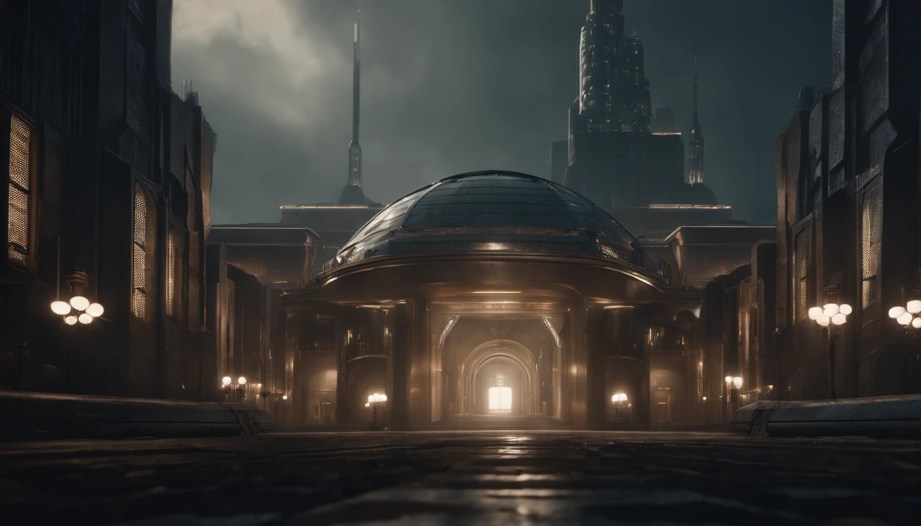 A dystopian futuristic Dieselpunk metropolis with lots of Art Deco architecture, atmosfera sombria, lighting dramatic, foco nítido, qualidade 8k, Foto RAW