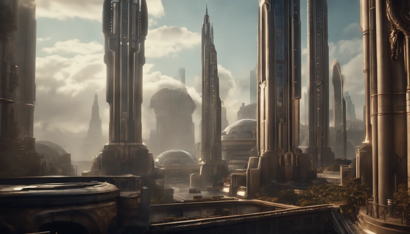 A dystopian futuristic Dieselpunk metropolis with lots of Art Deco architecture, atmosfera sombria, lighting dramatic, foco nítido, qualidade 8k, Foto RAW