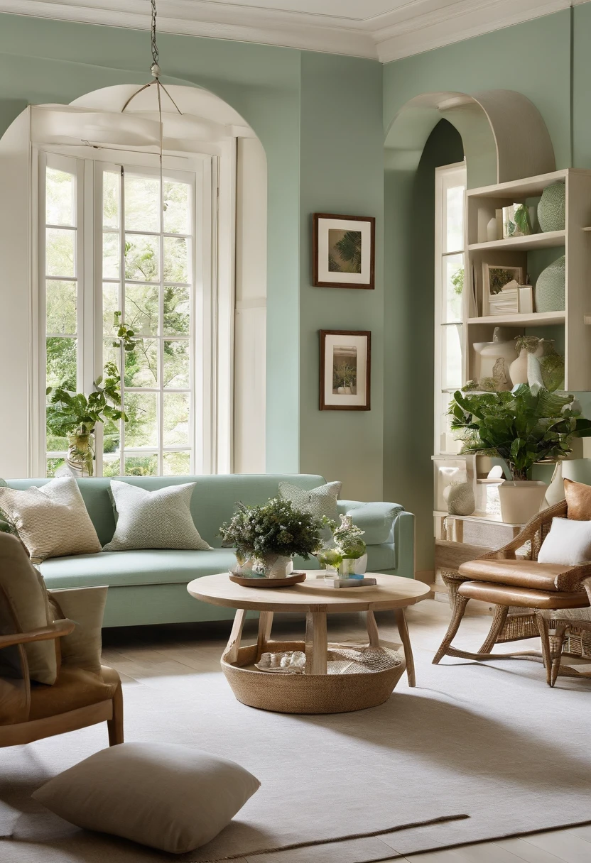 Living room - color scheme: Use bright and lively neutral tones，Such as light blue、Light green or beige，to increase the sense of openness of the space。
   - Furniture placement: Choose simple and functional furniture，Such as benches with storage space、Shoe cabinet、Wall storage shelves with hooks, etc，to provide additional storage space。
   - Decorating options: Hang some decorative paintings or photo walls on the walls，Place small ornaments or vases to add a personal touch。