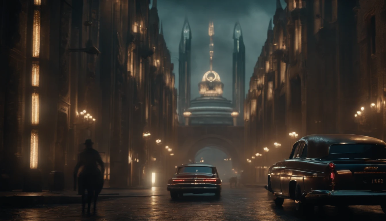 A dystopian futuristic Dieselpunk metropolis with lots of Art Deco architecture, atmosfera sombria, lighting dramatic, foco nítido, qualidade 8k, Foto RAW