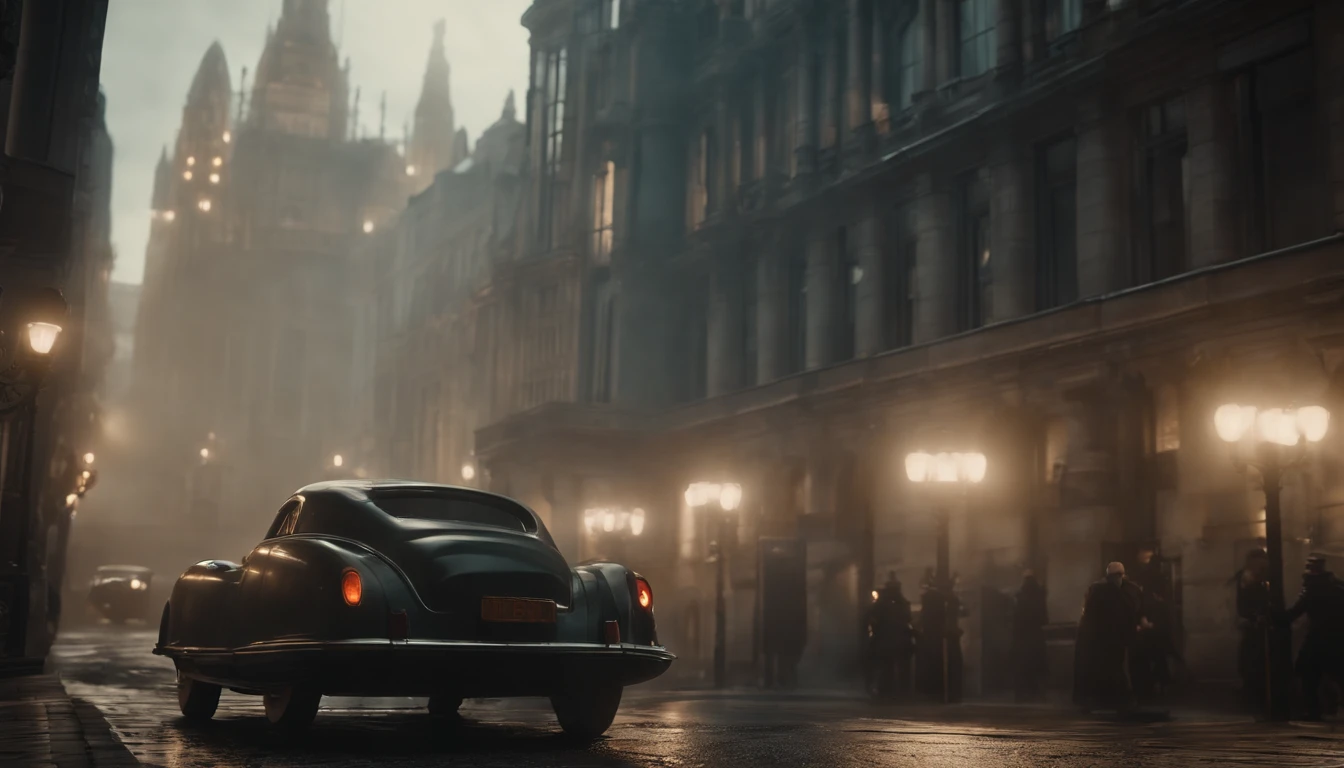 A dystopian futuristic Dieselpunk metropolis with lots of Art Deco architecture, atmosfera sombria, lighting dramatic, foco nítido, qualidade 8k, Foto RAW