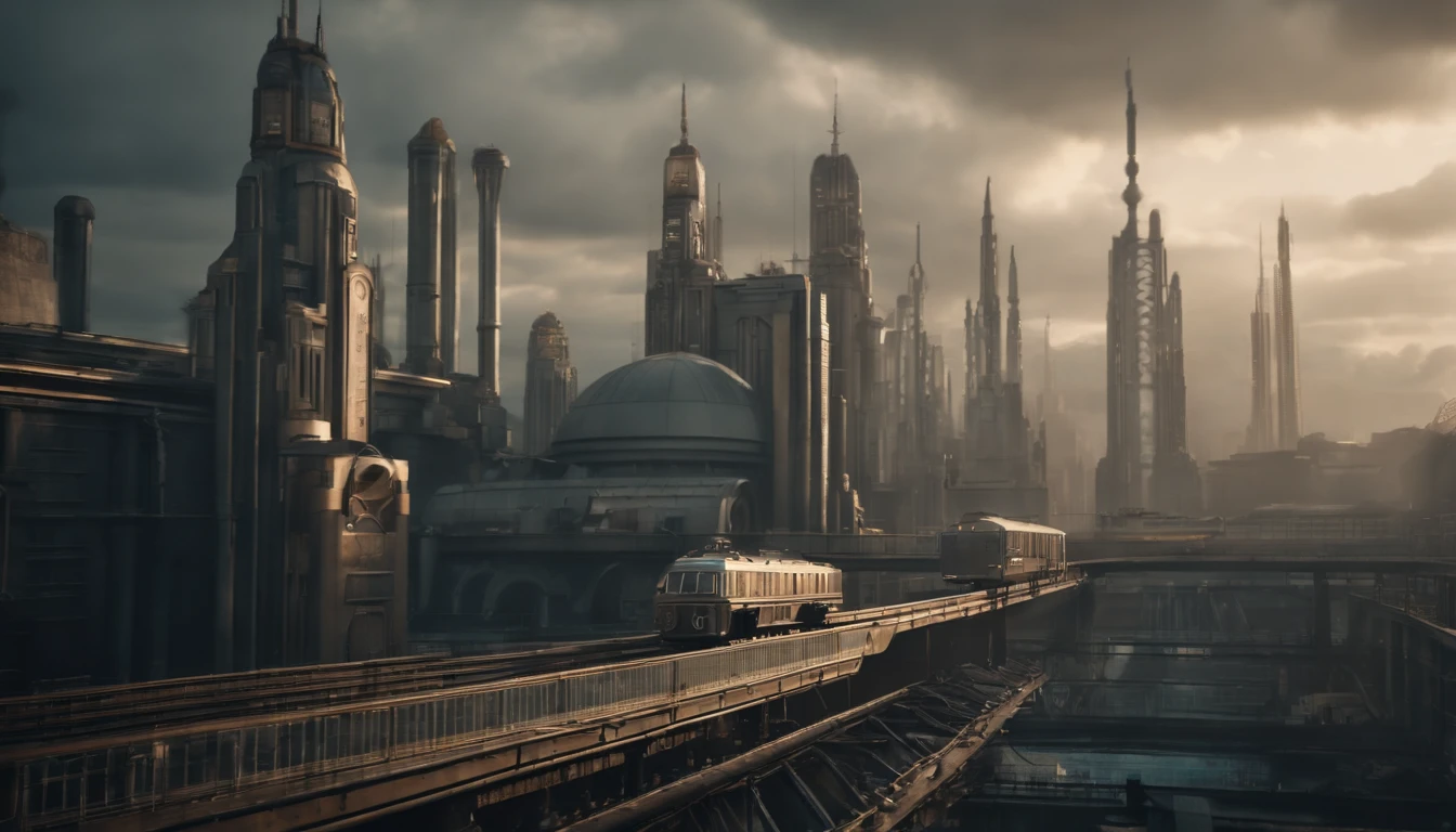 A dystopian futuristic Dieselpunk metropolis with lots of Art Deco architecture, atmosfera sombria, lighting dramatic, foco nítido, qualidade 8k, Foto RAW