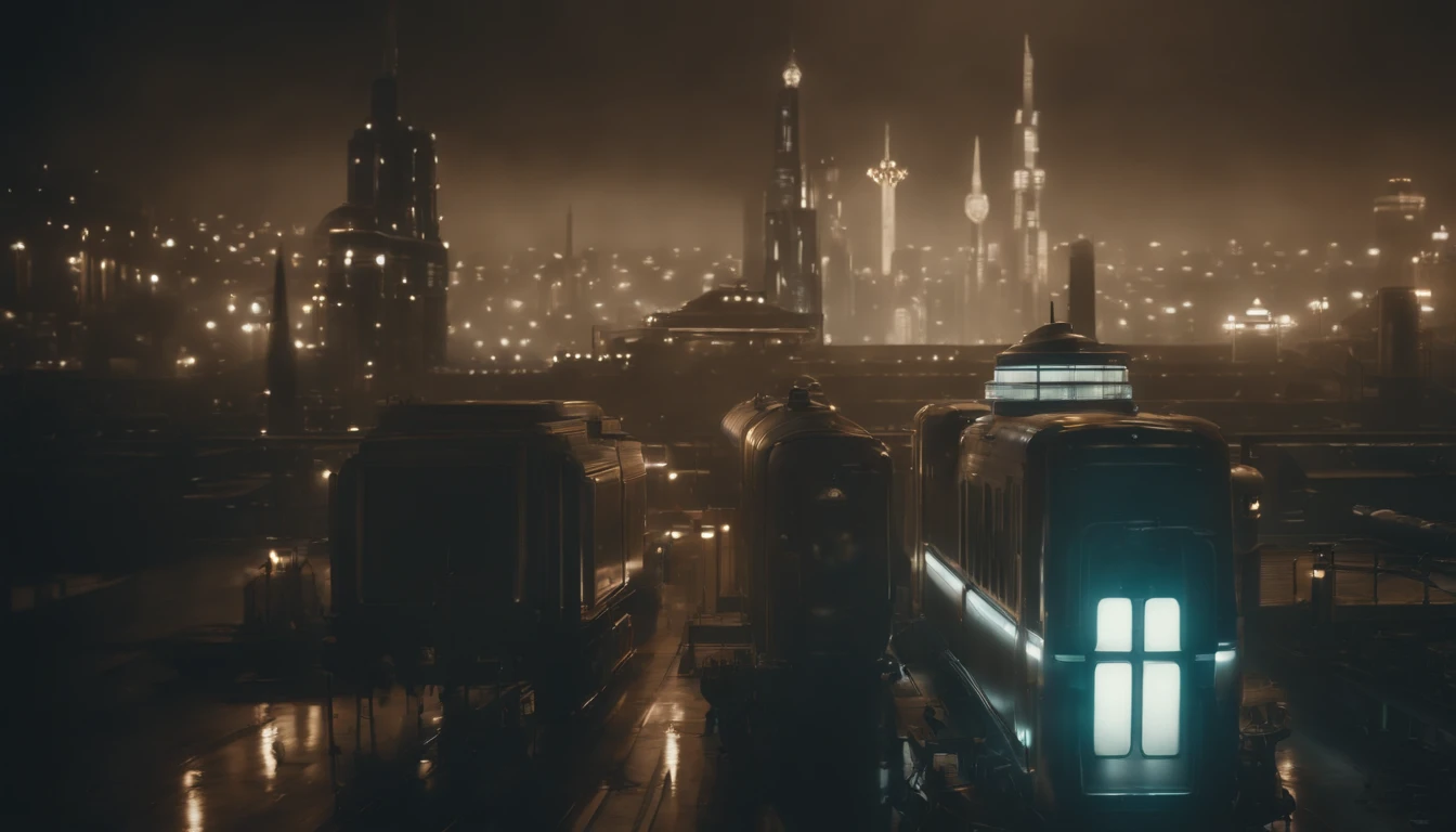 A dystopian futuristic Dieselpunk metropolis with lots of Art Deco architecture, atmosfera sombria, lighting dramatic, foco nítido, qualidade 8k, Foto RAW