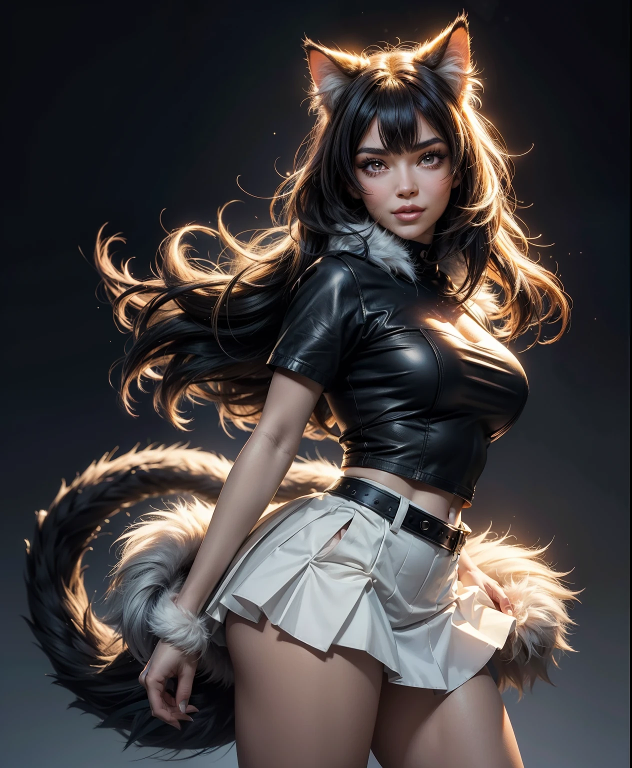 nicolewatterson, furry female anthro, cat girl, standing, mature female, full body, white shirt, grey skirt, solo, (body fur:1.2), (best quality), (random background:1.2), smile, dramatic lighting, detailed fluffy fur, looking at viewer, detailed fluffy fur, long tail, long sexy rainbow hair, bimbo figure. Happy. Big eyes, detailed lips. She's in heat like a cat. Kardashian face with beautiful vivid makeup. 3d bright lights. She is the comic character "Omaha the cat dancer"