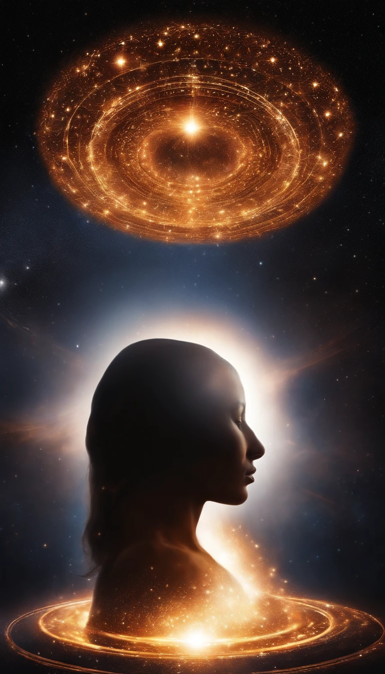 Silhouette of a human head in a huge circular light with many stars, The head is wrapped in a ring of fire, spirits coming out of portal, magical glowing time portal, Open a brilliant portal, round form, Involves the human head as a gateway to another universe, summoning circle, time vortex in the background, director: Kurt Roesch, luminous fire halo, Stargate Infinity, Lens reflection. Hidden realism, photo still of