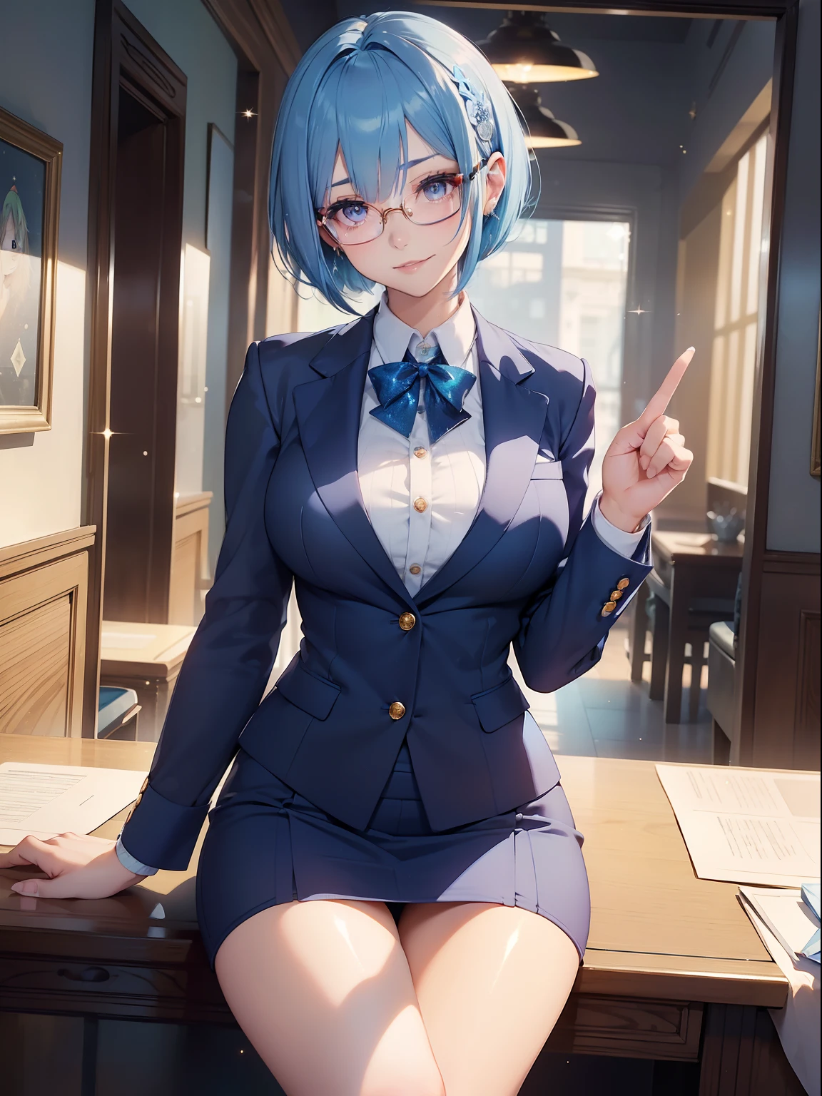 masutepiece, High resolution, 8K, anime woman, Delicate and detailed writing 、Detailed digital illustration、(((Pixie Bob)))、Shiny hair、a very beautiful woman、Eyes are double, Large,、 Bust is D cup、High image quality, High quality、Detailed background、The inside of the eye shines like a diamond、(((Blue hair)))、(((swept bangs)))、Gradient pupil、(((2 arms、4 fingers, 1 thumb)))、Detailed female face、a very beautiful woman、、细致背景、masterpiece、Soft Focus , Bright gradient watercolor , Lens Flare , (((Glitter))) , Glow , Dreamy ,、a miniskirt、Idol、Light blue ribbon、((Very beautiful light blue rose hair accessories))、White and light blue and golden costume、((POV))、(((wears glasses)))、Dynamic Poses、intelligent woman,(((Sexy Business Suit)))、legs crossed、A smile